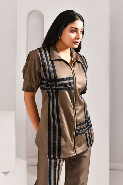 Khaki Brown  Geometric Patterned Blended Cotton Co Ord Set - Golden Muslin