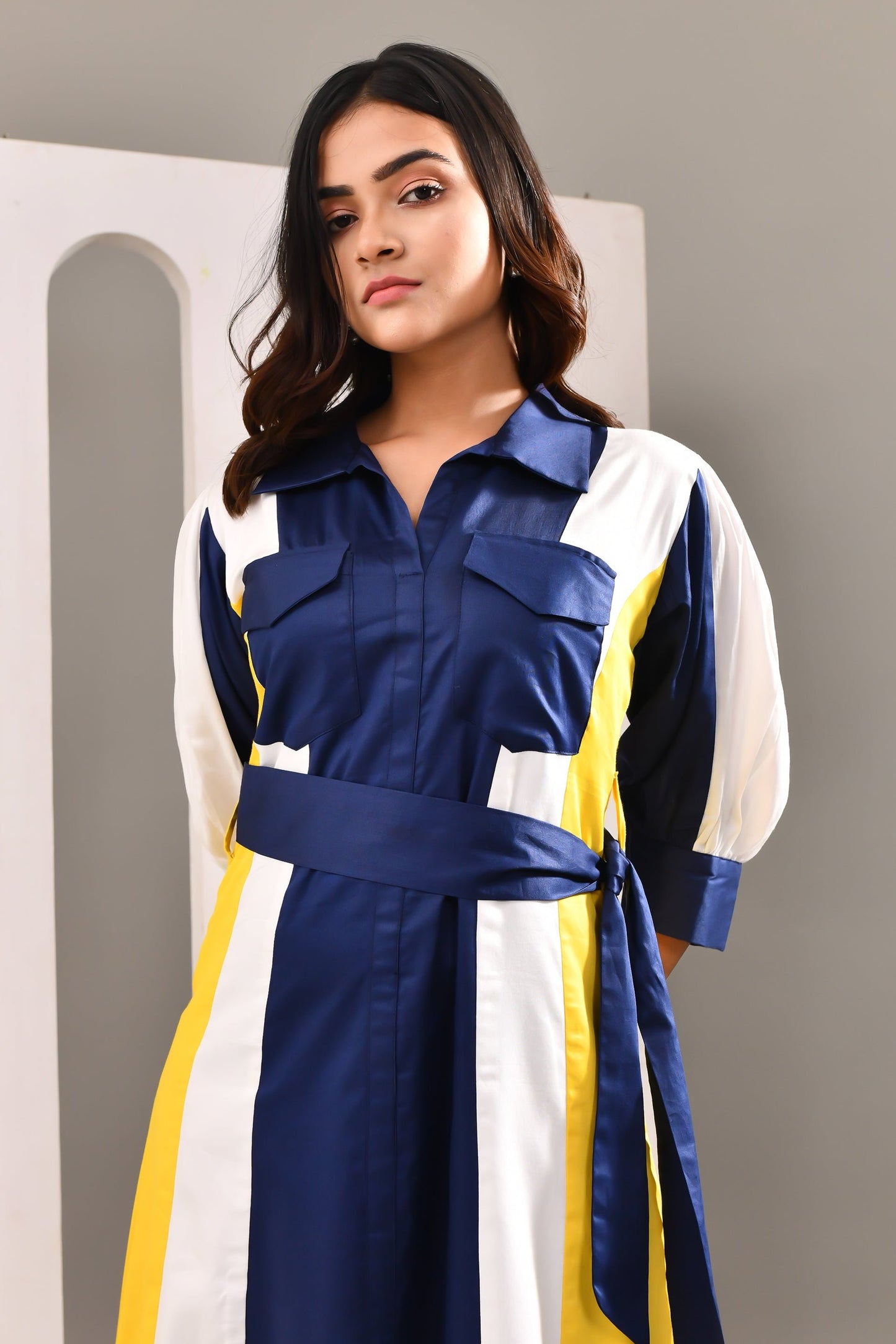 Multicolored Blended Cotton Self Textured Dress - Golden Muslin