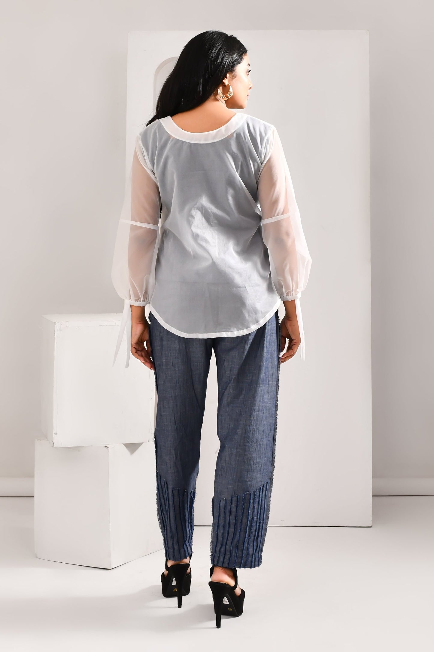 White & Blue Denim & Blended Cotton Co Ord Set - Golden Muslin