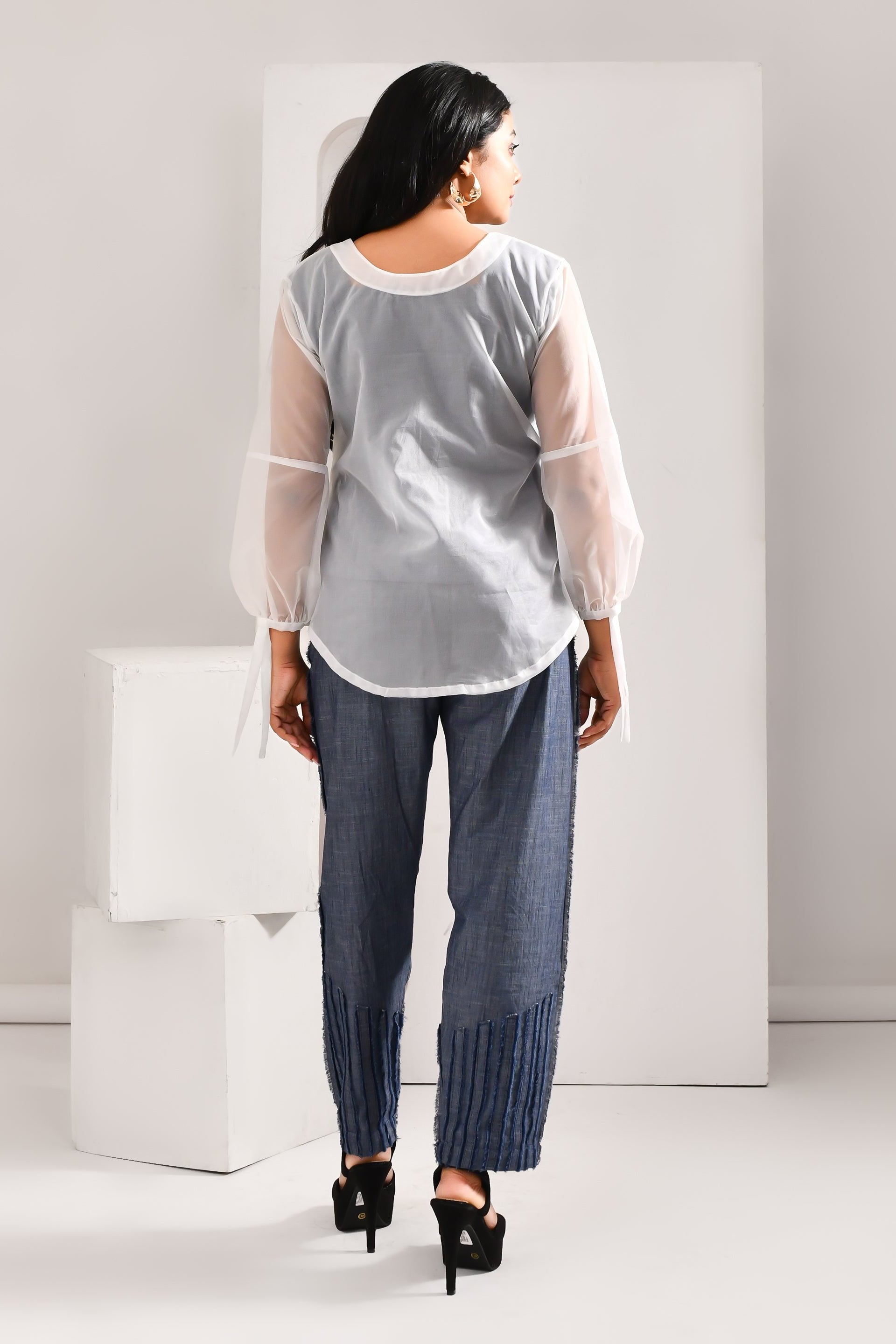 White & Blue Denim & Blended Cotton Co Ord Set - Golden Muslin