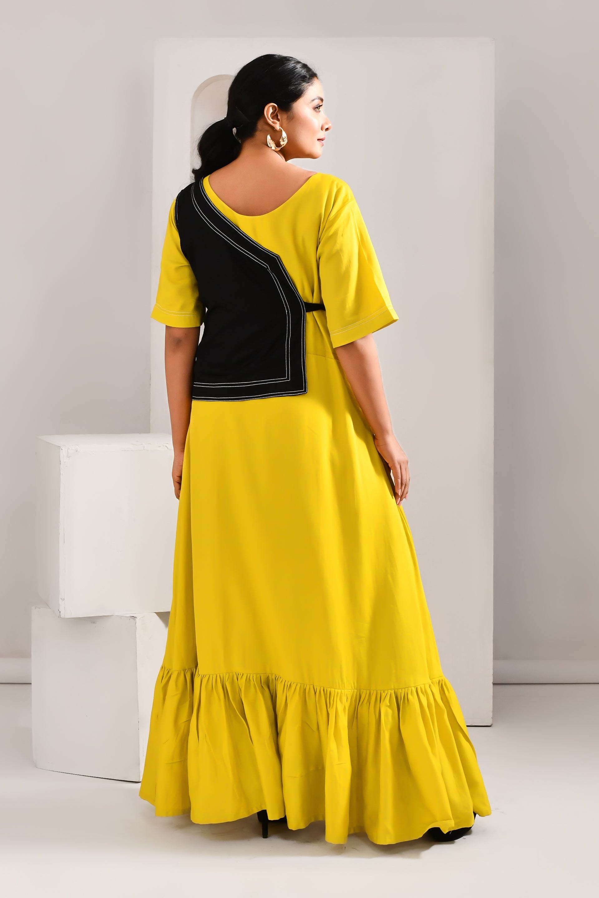 Golden Yellow & Black Jacket Style Blended Cotton Maxi Dress - Golden Muslin