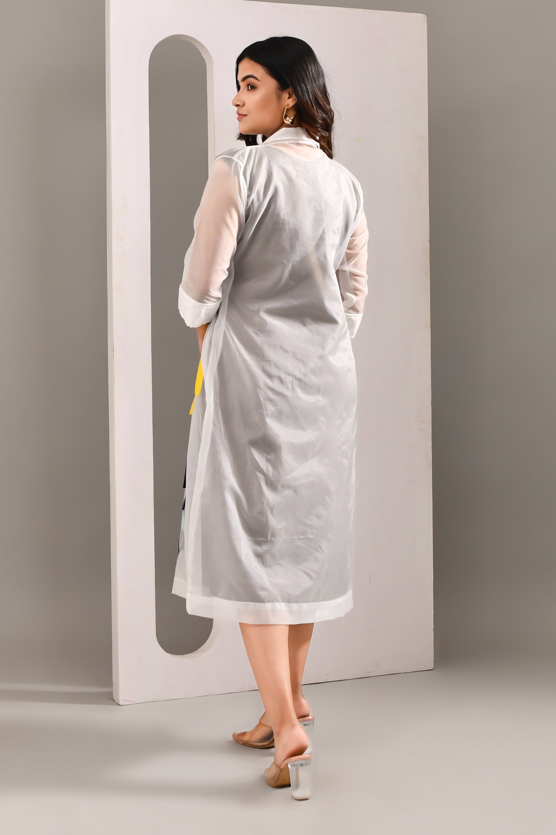 Multicolored  Layered Blended Cotton & Organza Abstract Patterned Dress - Golden Muslin