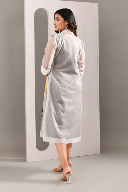 Multicolored  Layered Blended Cotton & Organza Abstract Patterned Dress - Golden Muslin