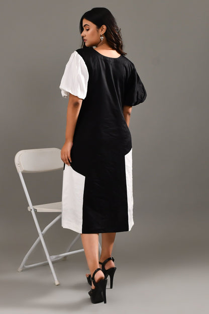 Black & White Blended Cotton Self Textured Dress - Golden Muslin