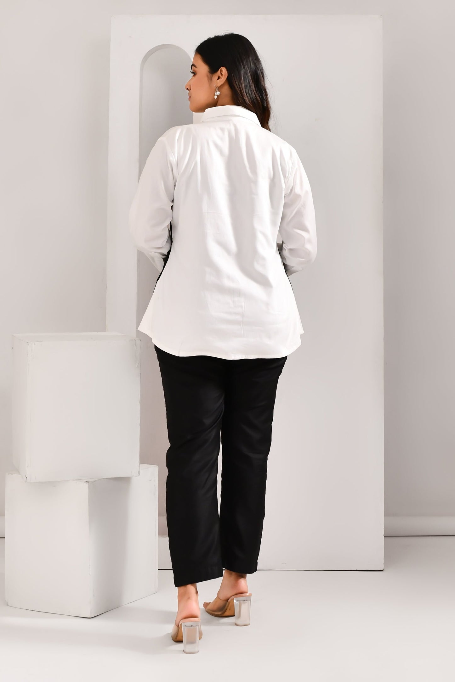 White & Black Denim Style Blended Cotton Shirt - Golden Muslin