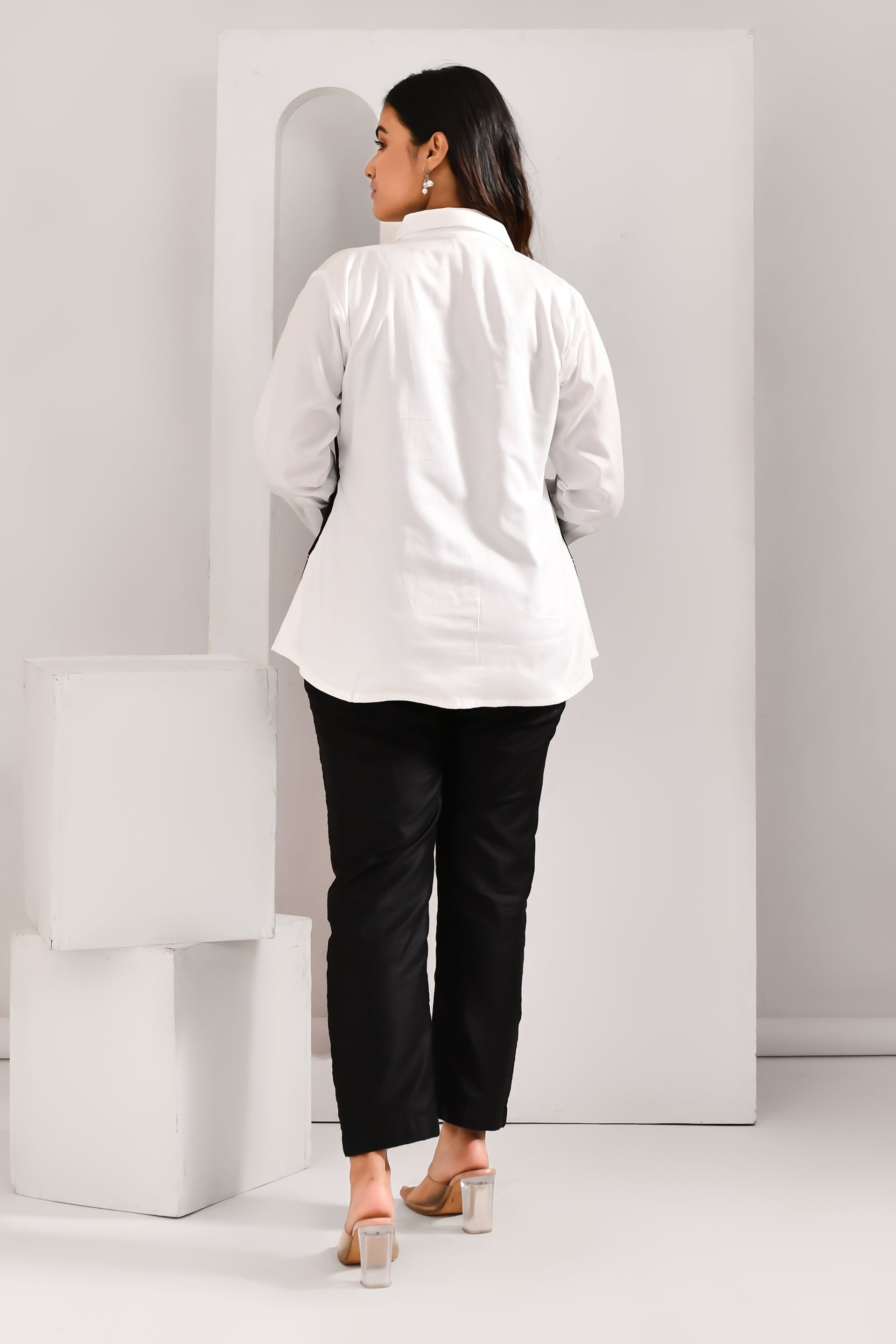 White & Black Denim Style Blended Cotton Shirt - Golden Muslin