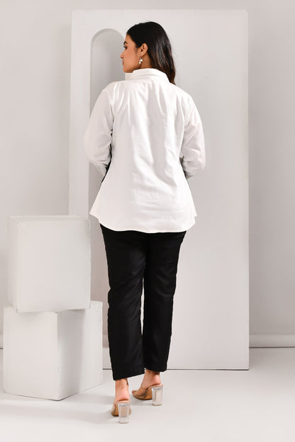 White & Black Denim Style Blended Cotton Shirt - Golden Muslin