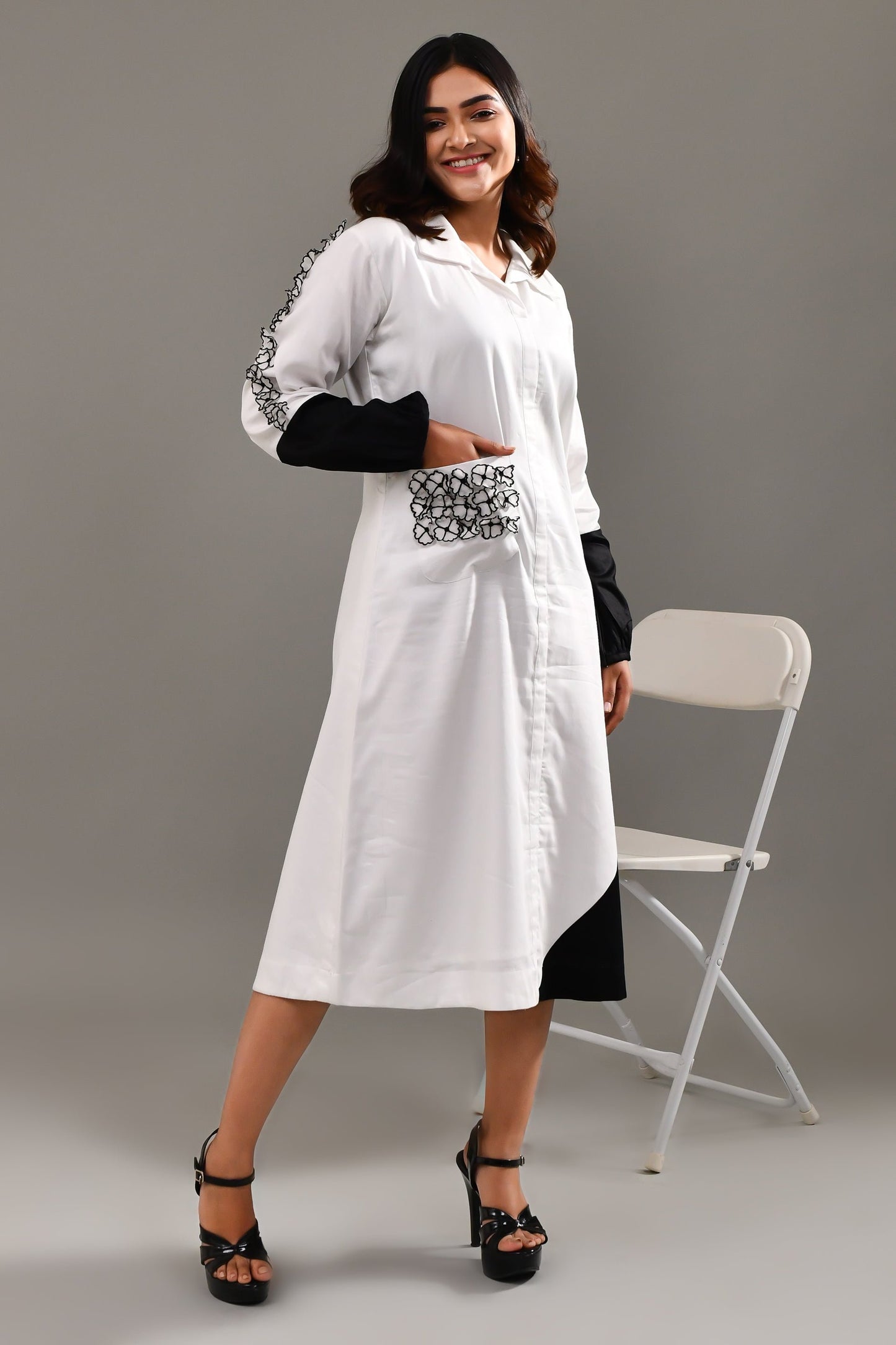 White and Black Blended Cotton Dress - Golden Muslin