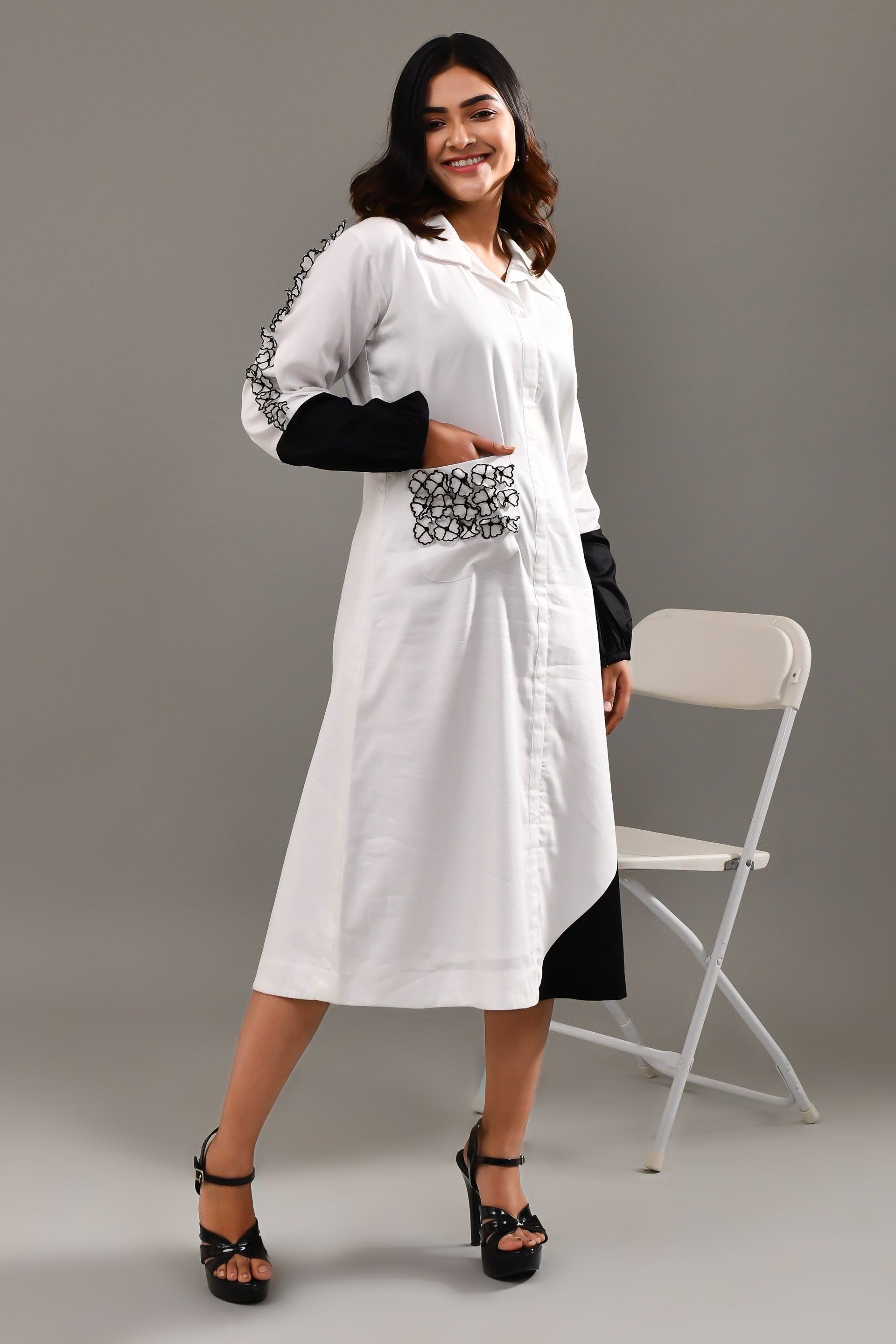 White and Black Blended Cotton Dress - Golden Muslin