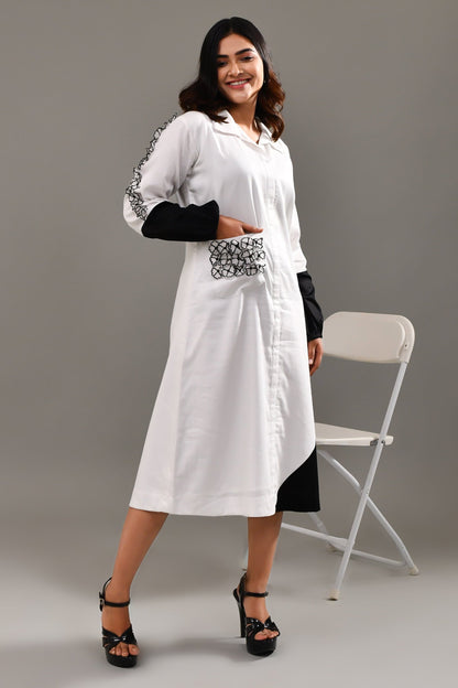 White and Black Blended Cotton Dress - Golden Muslin