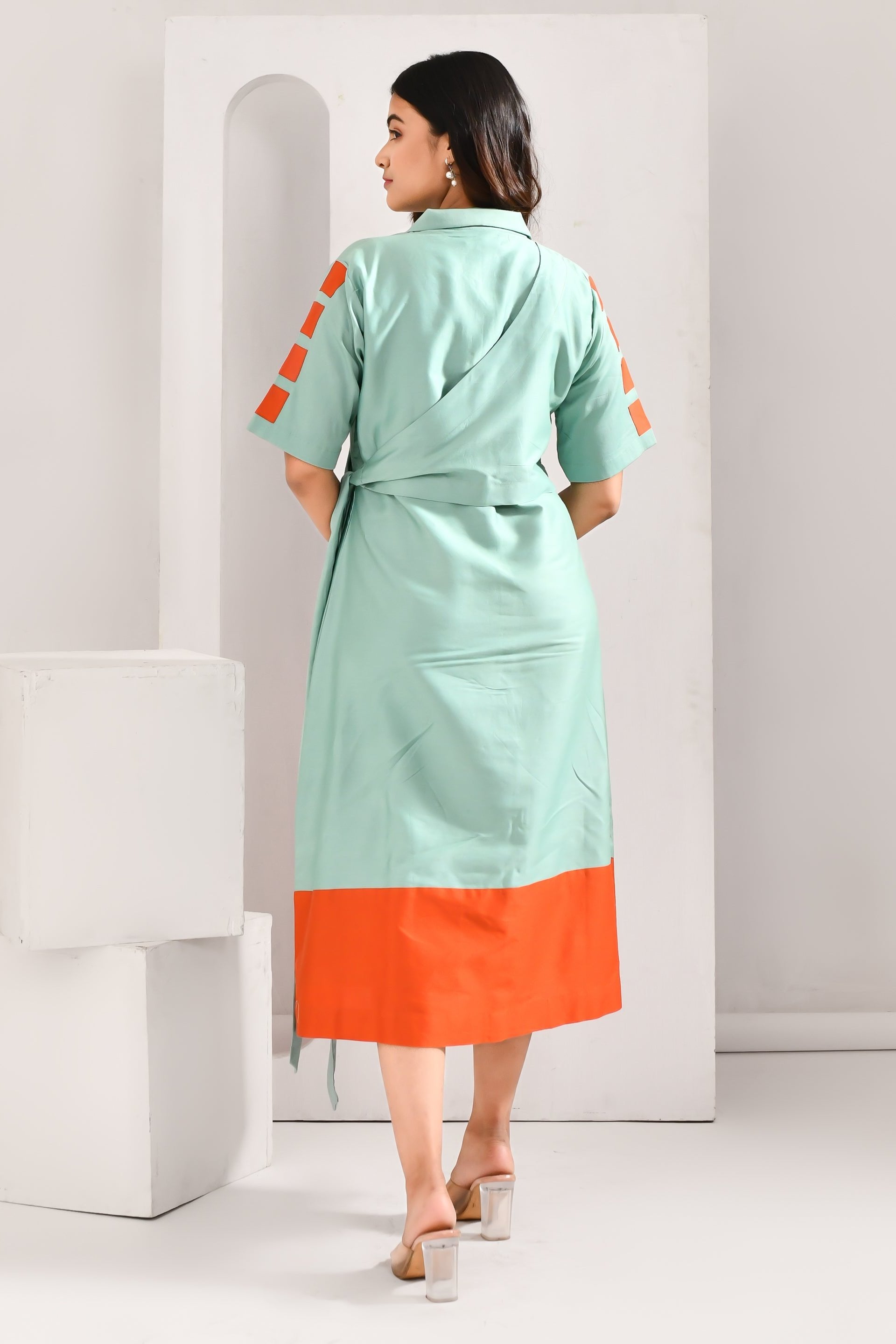 Light Blue & Orange Blended Cotton Solid Jacket Style Dress - Golden Muslin