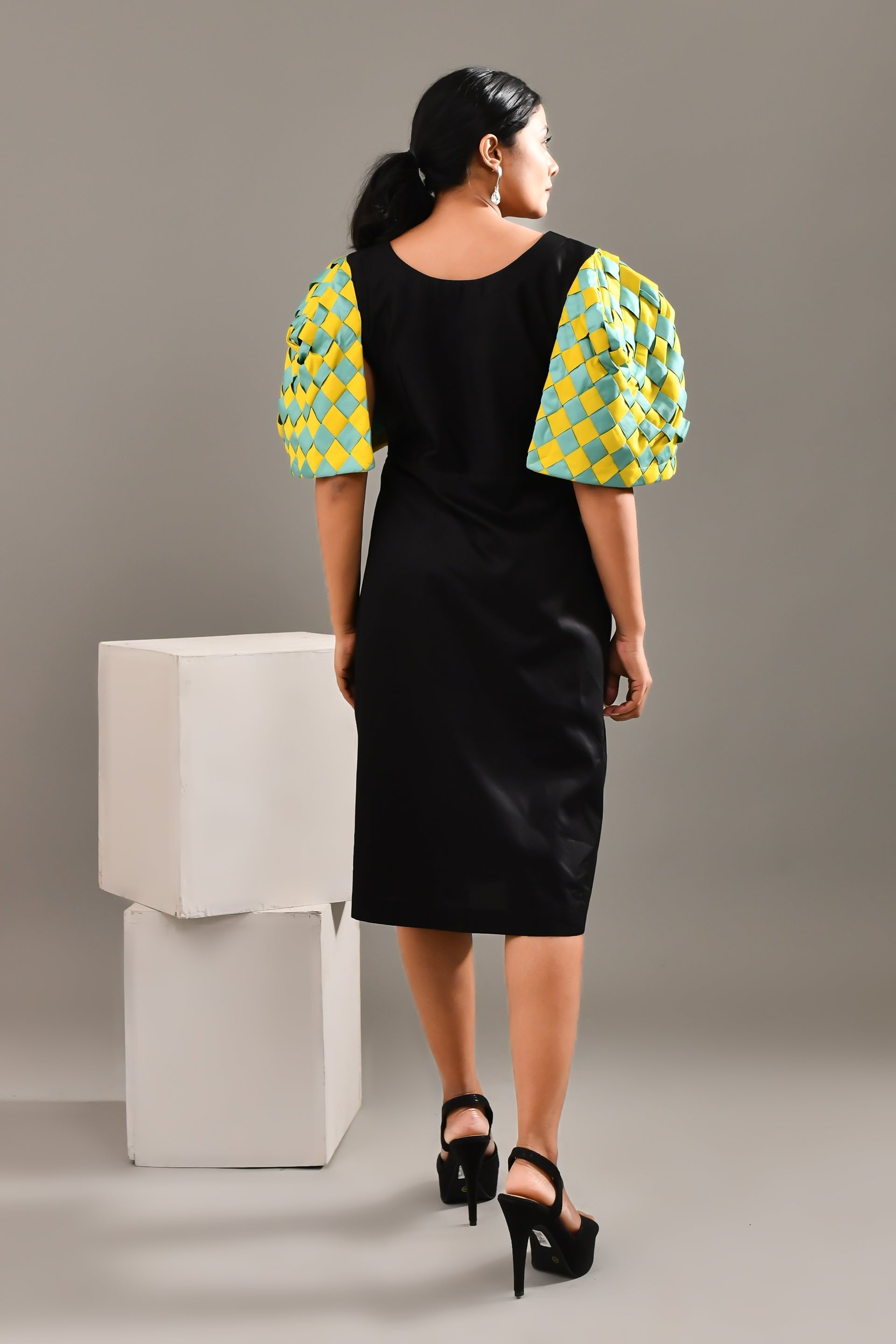 Personified Black Blended Cotton Geometric Style Dress - Golden Muslin