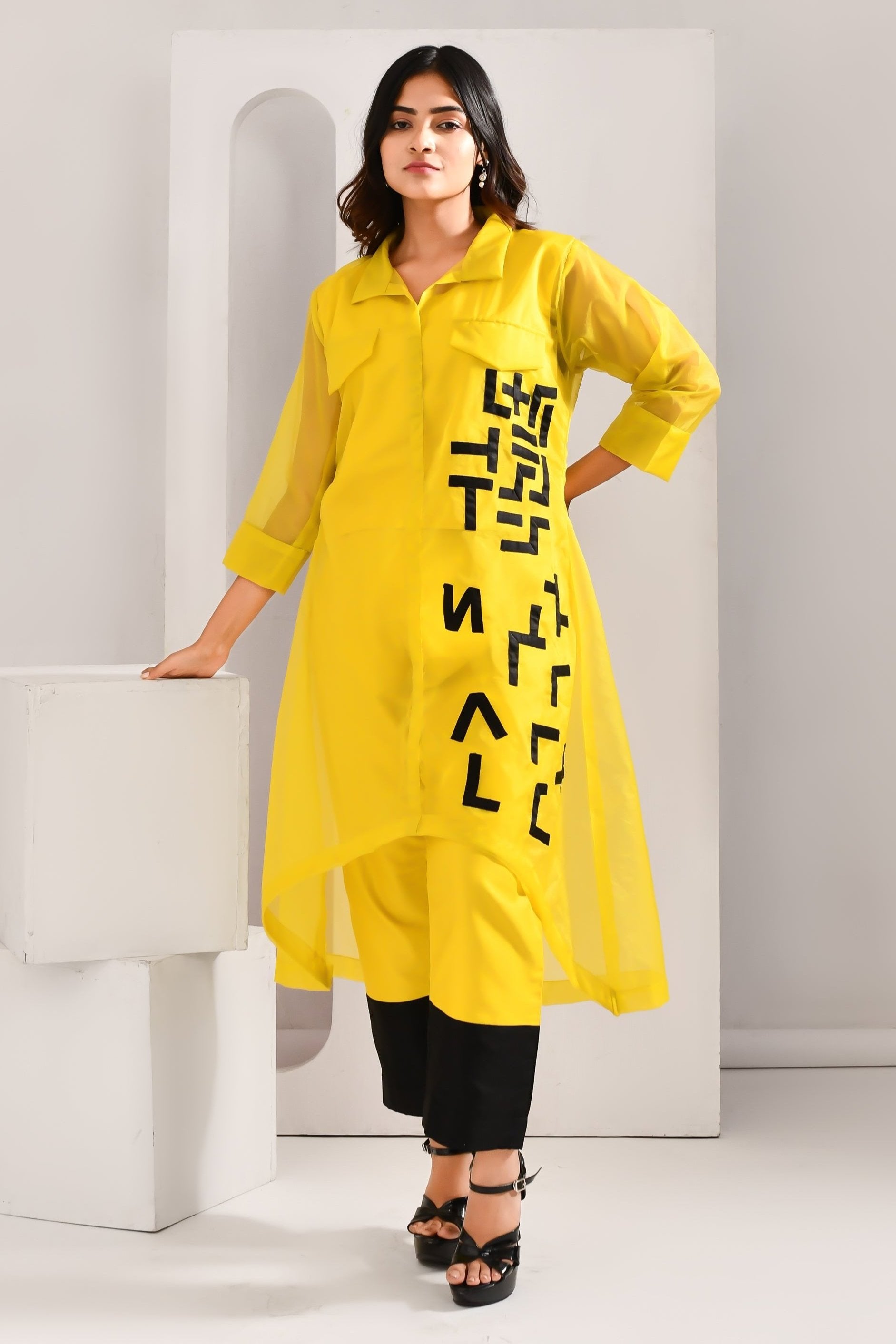 Yellow and Black Blended Cotton and Organza Co Ord Set - Golden Muslin