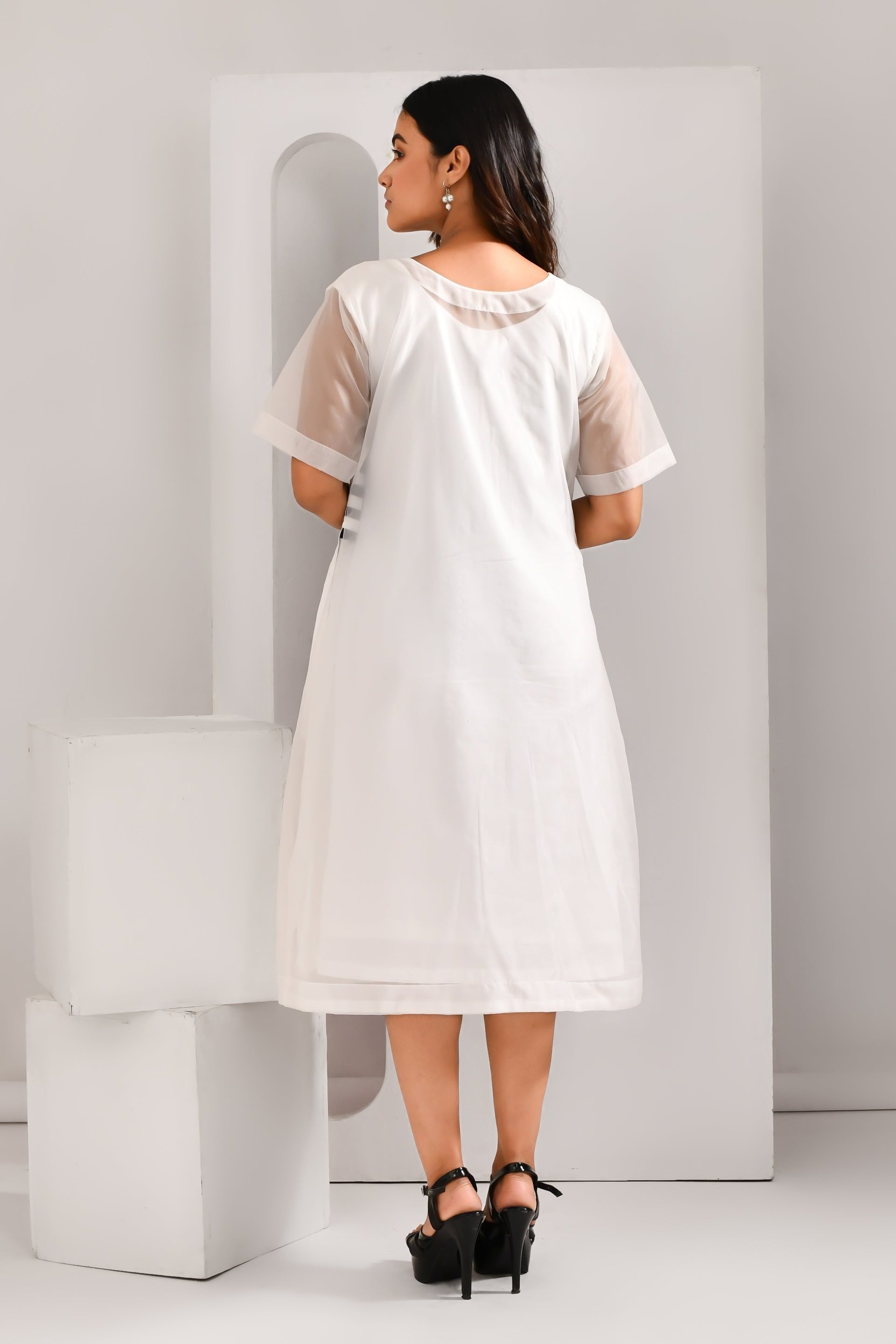 White & Black Blended Cotton & Organza Striped Dress - Golden Muslin
