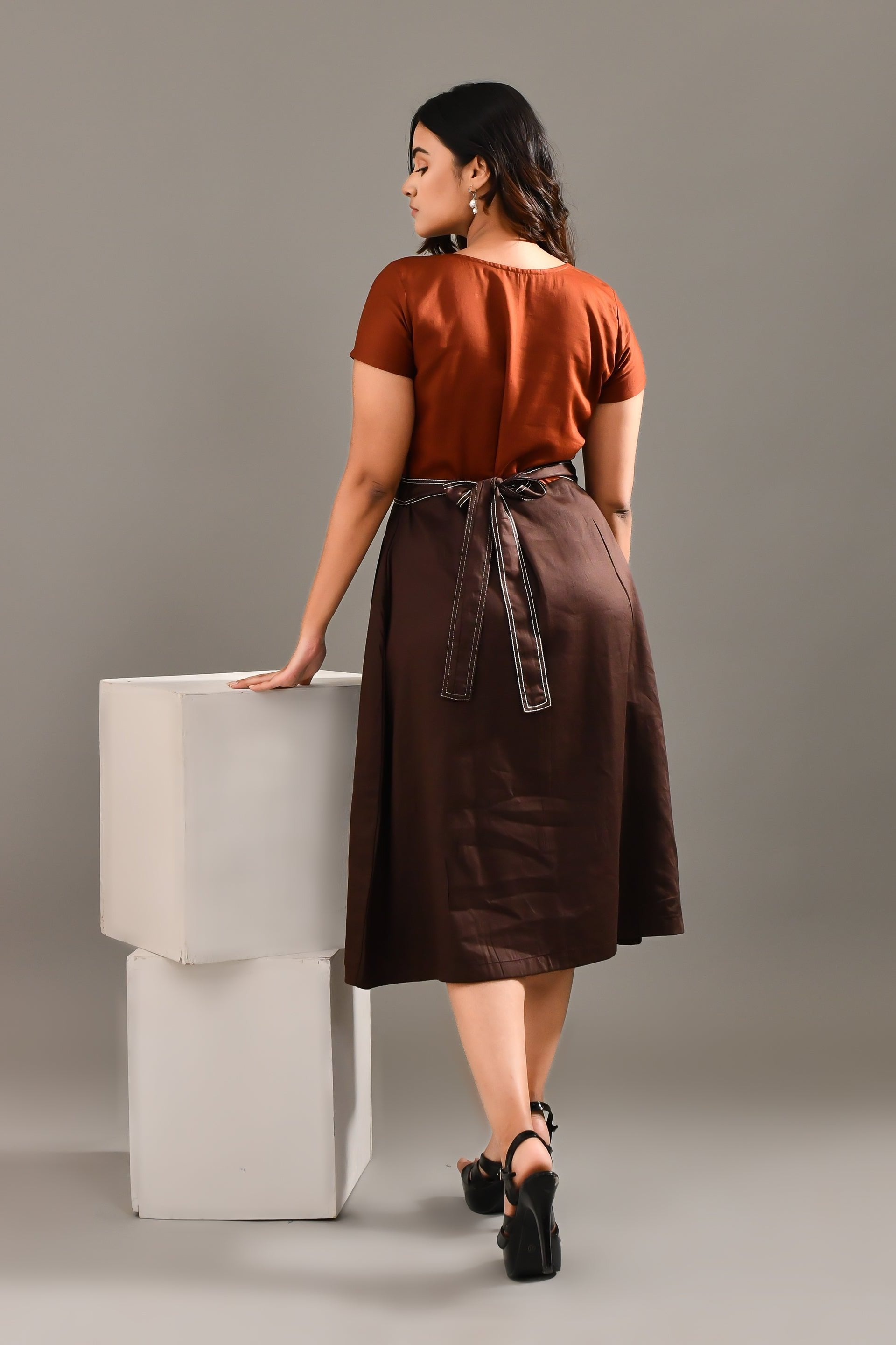 Rust & Brown Blended Cotton Self Textured Dress - Golden Muslin