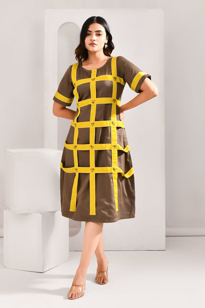 Biscuit Brown Blended Cotton Contrasting Dress - Golden Muslin