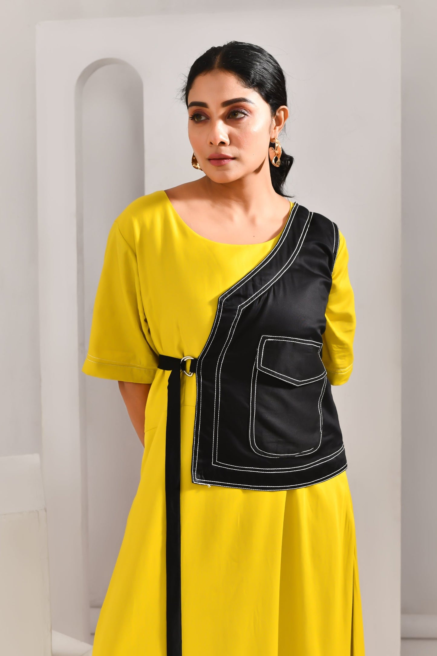 Golden Yellow & Black Jacket Style Blended Cotton Maxi Dress - Golden Muslin