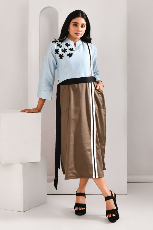 Light Blue & Mud Brown Blended Cotton Dual Structured Dress - Golden Muslin