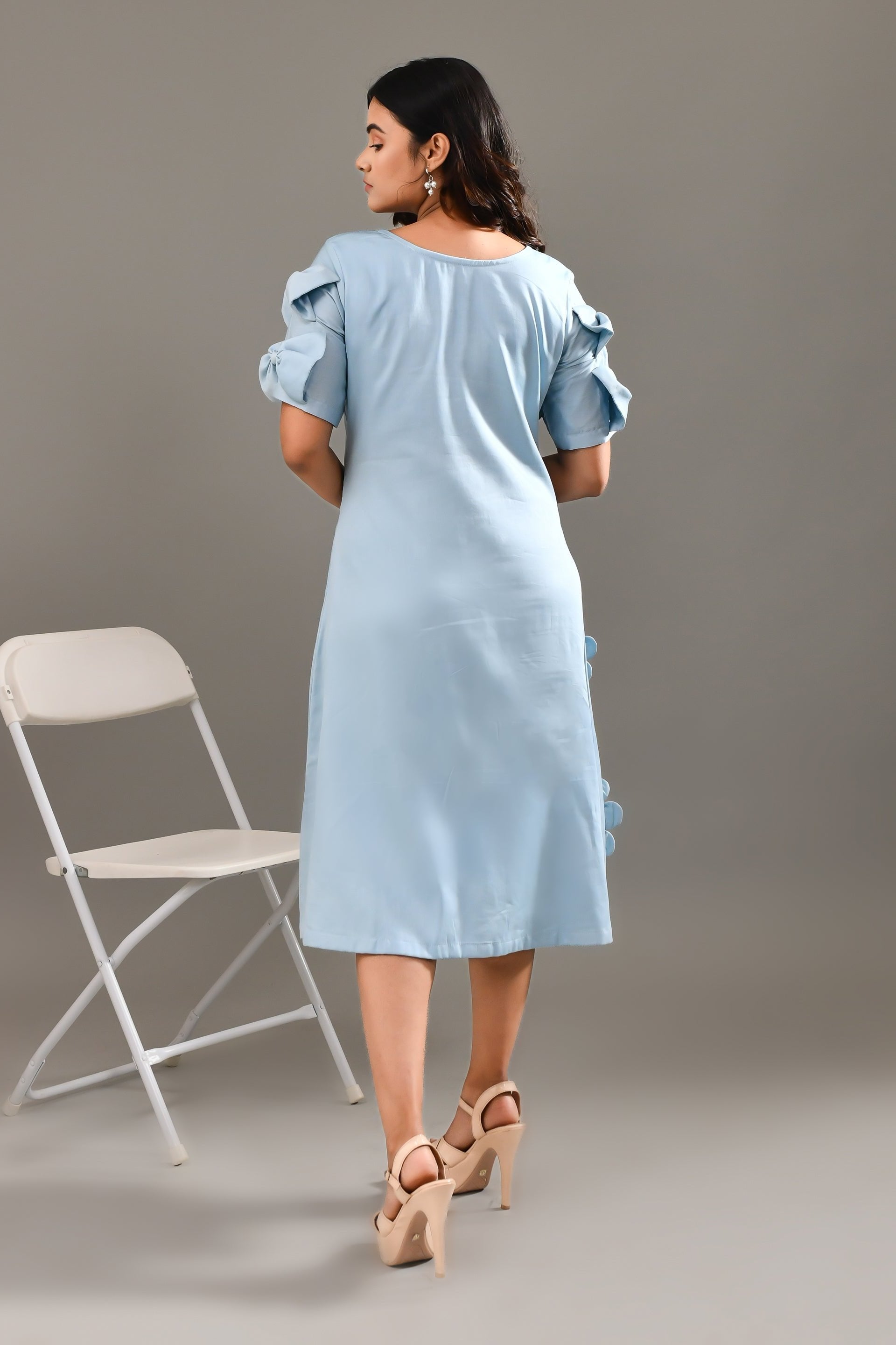 Sky Blue Flower Applique Worked Blended Cotton Dress - Golden Muslin