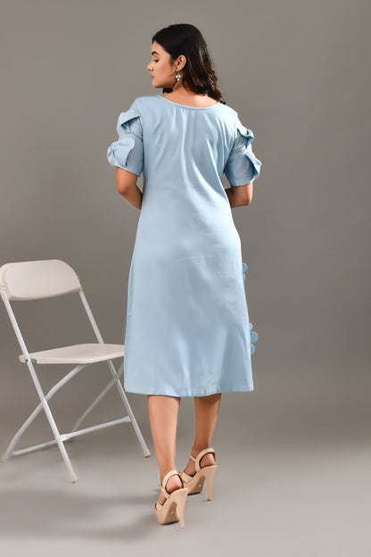 Sky Blue Flower Applique Worked Blended Cotton Dress - Golden Muslin