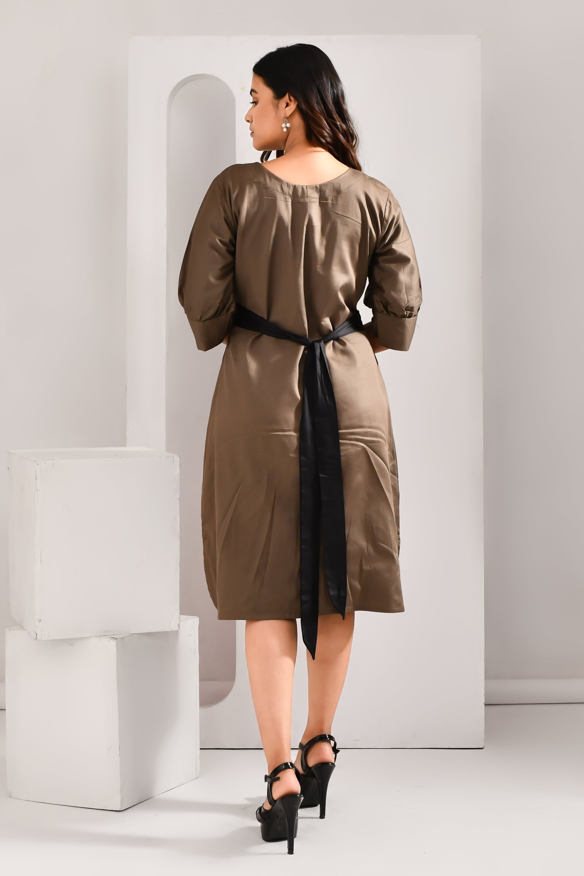 Captivating Khaki Brown & Black Blended Cotton Dress - Golden Muslin