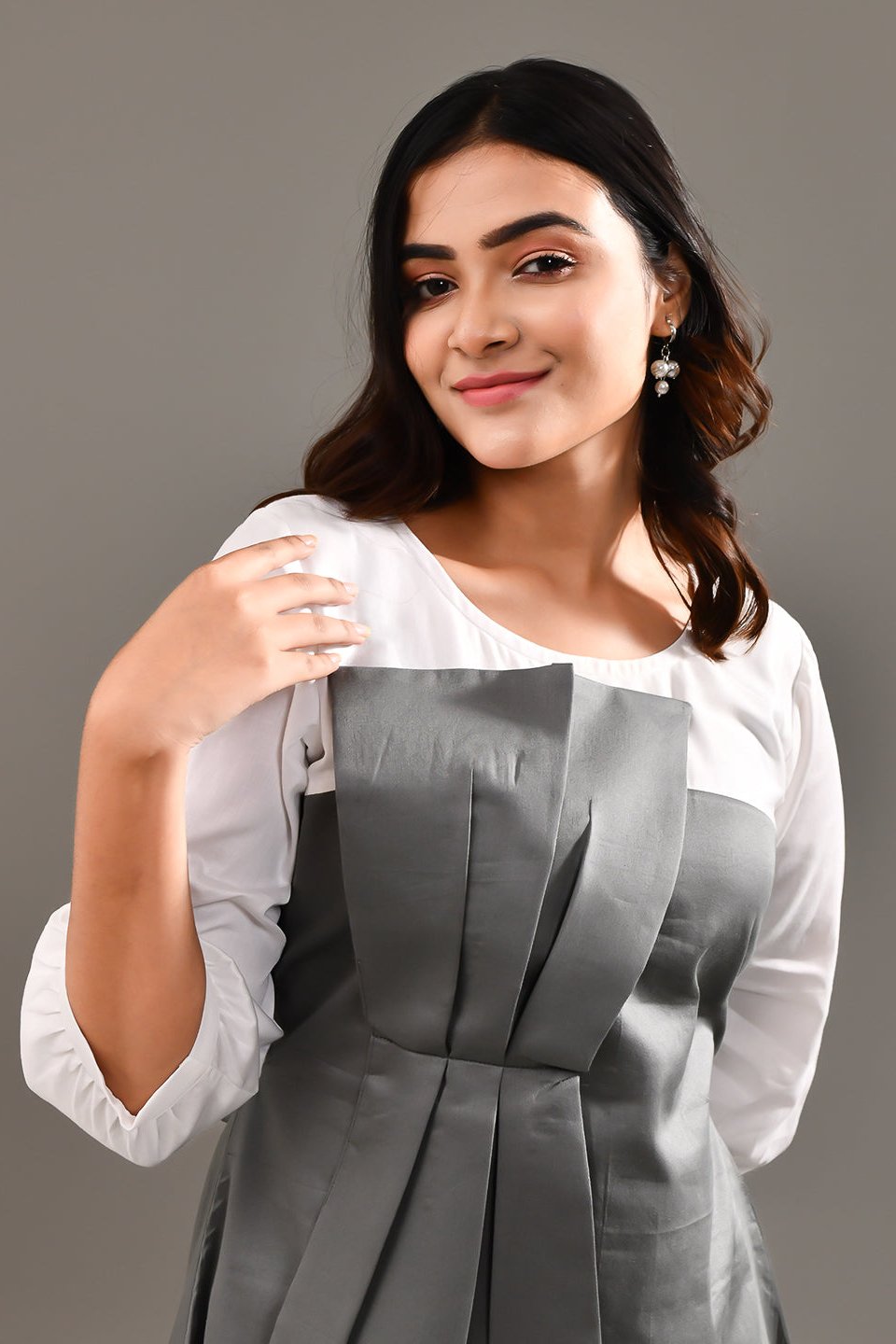 Stylish Grey & White Blended Cotton Self Textured Dress - Golden Muslin