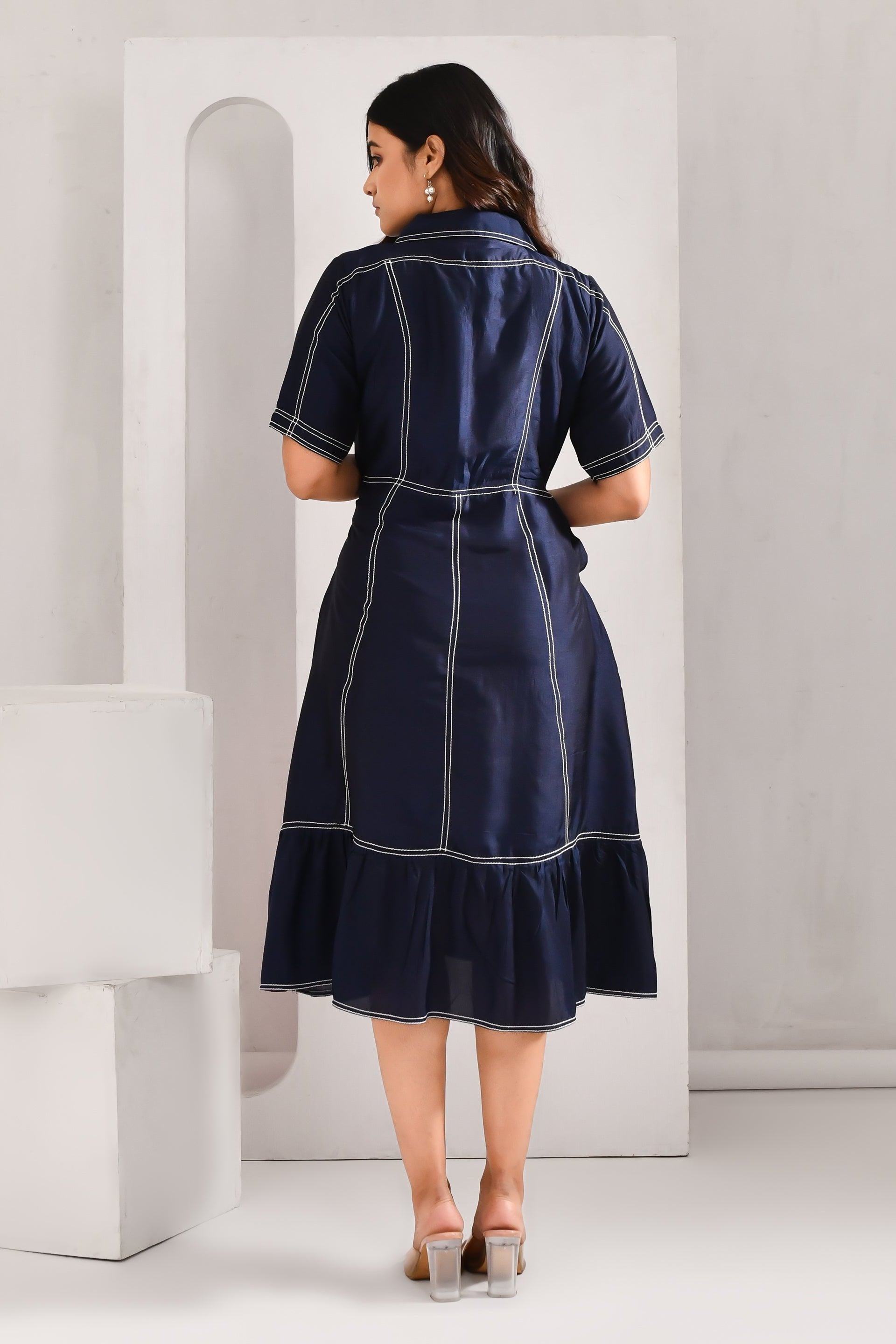 Deep Midnight Blue Blended Cotton Denim Textured Dress - Golden Muslin