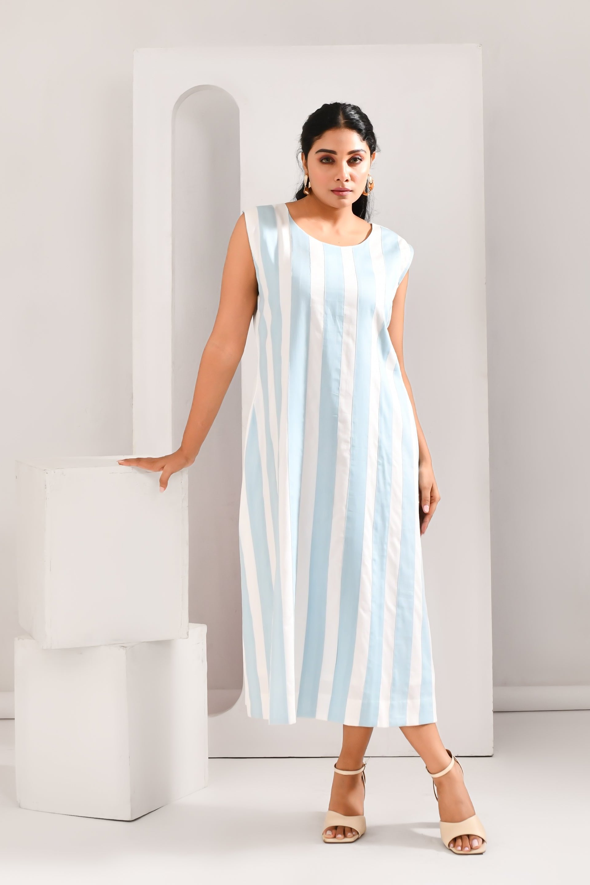 Powder Blue & White Blended Cotton Jacket Style Dress - Golden Muslin