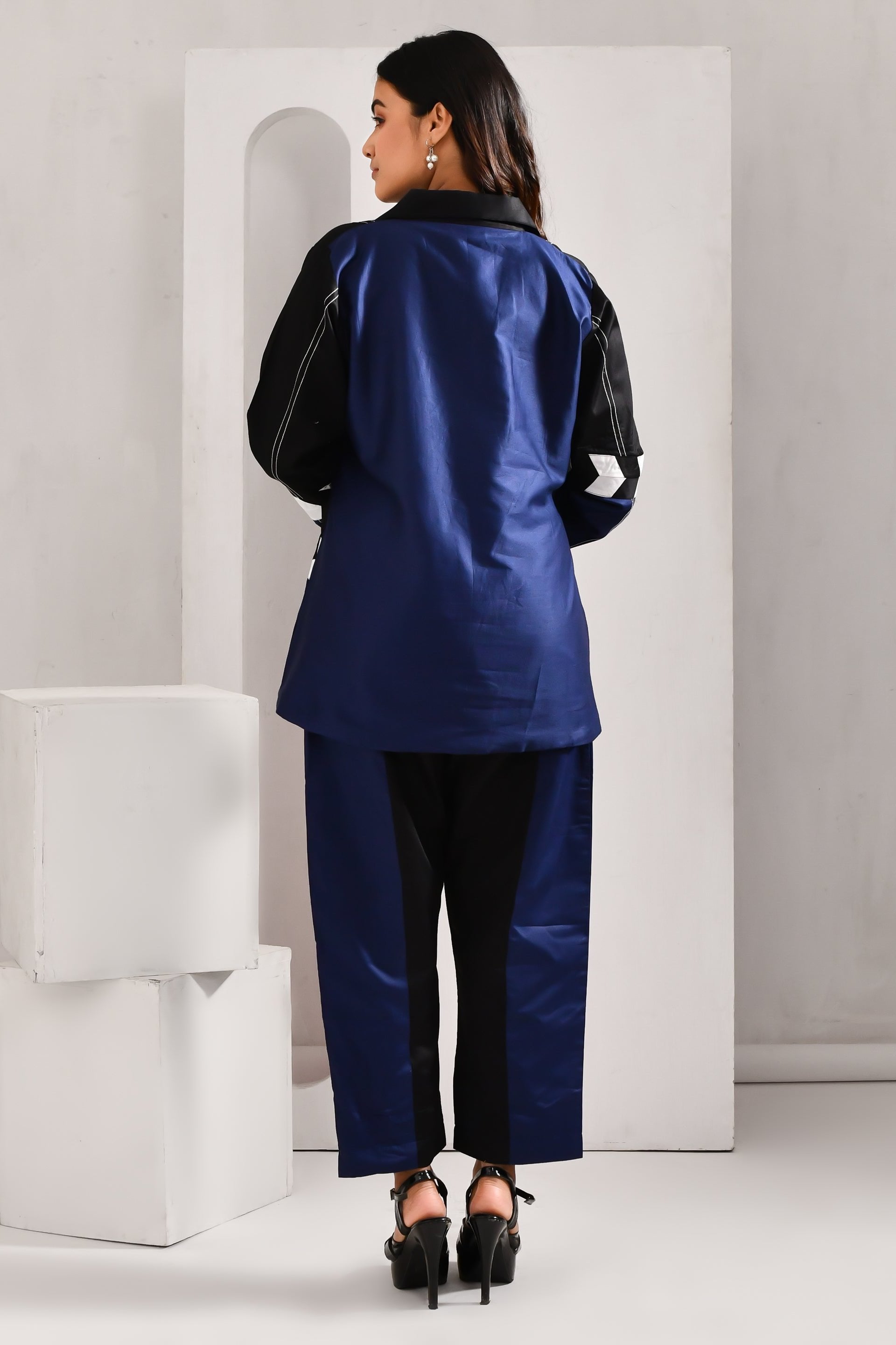 Deep Blue and Black Blended Cotton Jacket Style Co Ord Set - Golden Muslin