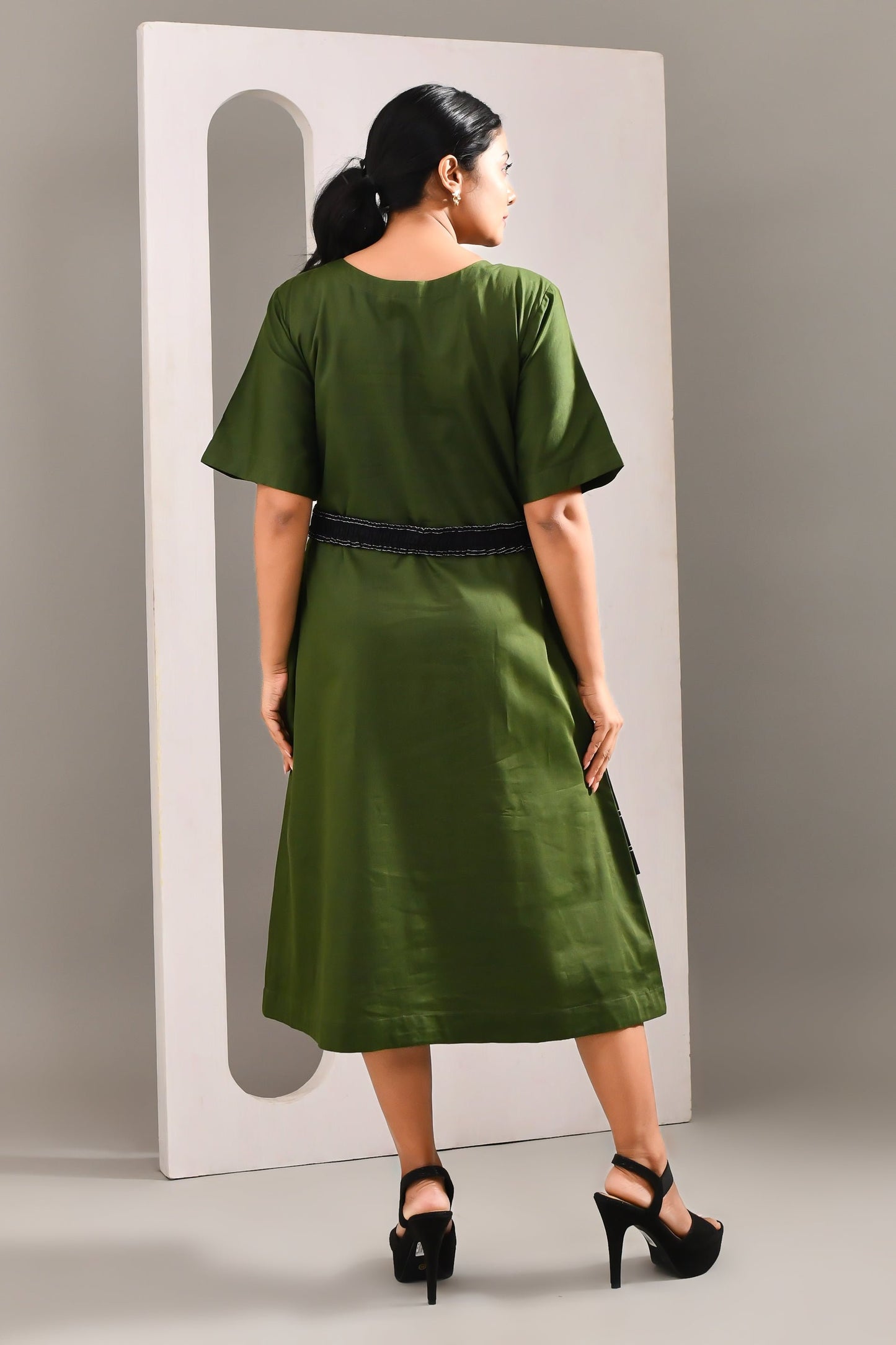 Olive Green & Black Denim Style Blended Cotton Dress - Golden Muslin