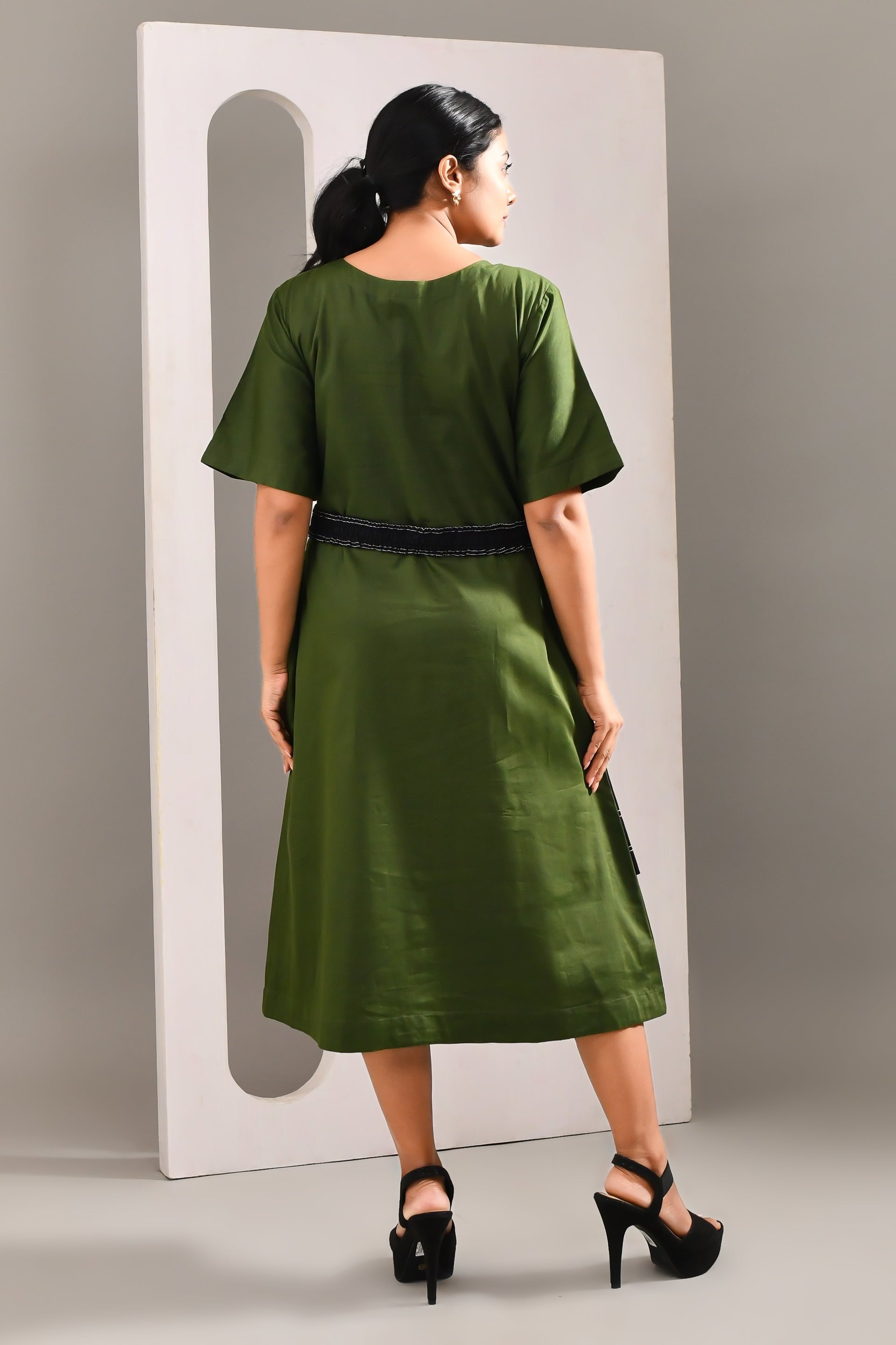 Olive Green & Black Denim Style Blended Cotton Dress - Golden Muslin