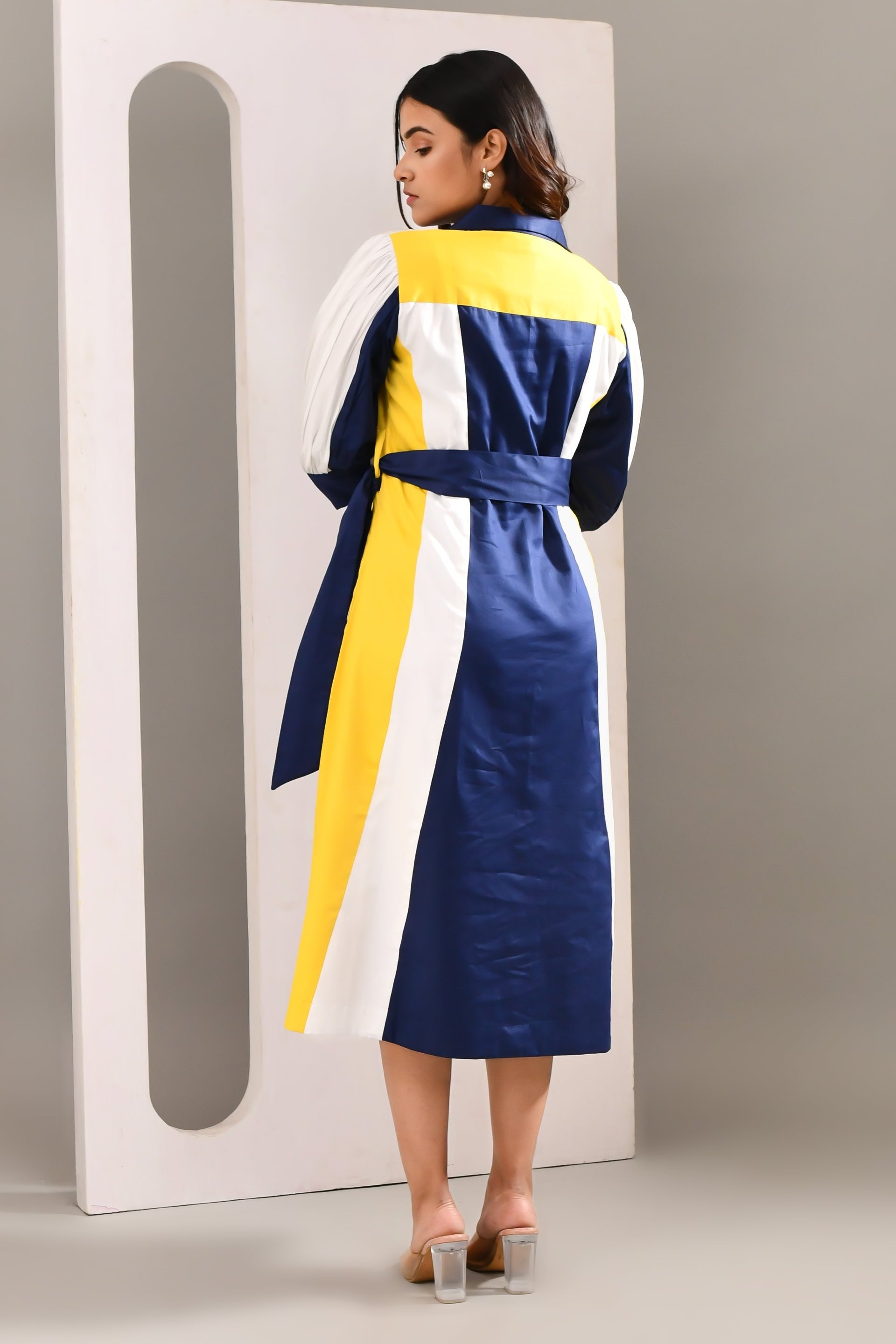 Multicolored Blended Cotton Self Textured Dress - Golden Muslin