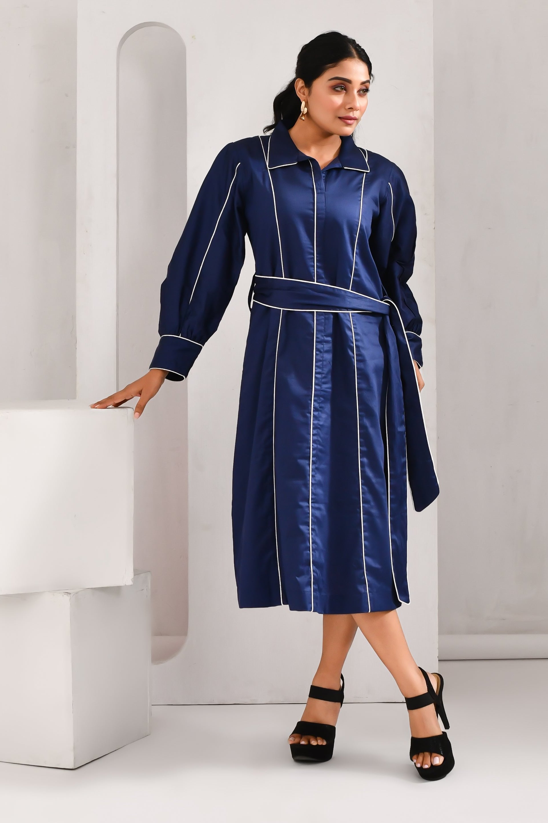 Navy Blue Blended Cotton Striped Dress - Golden Muslin