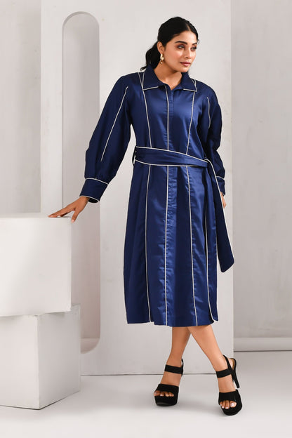 Navy Blue Blended Cotton Striped Dress - Golden Muslin