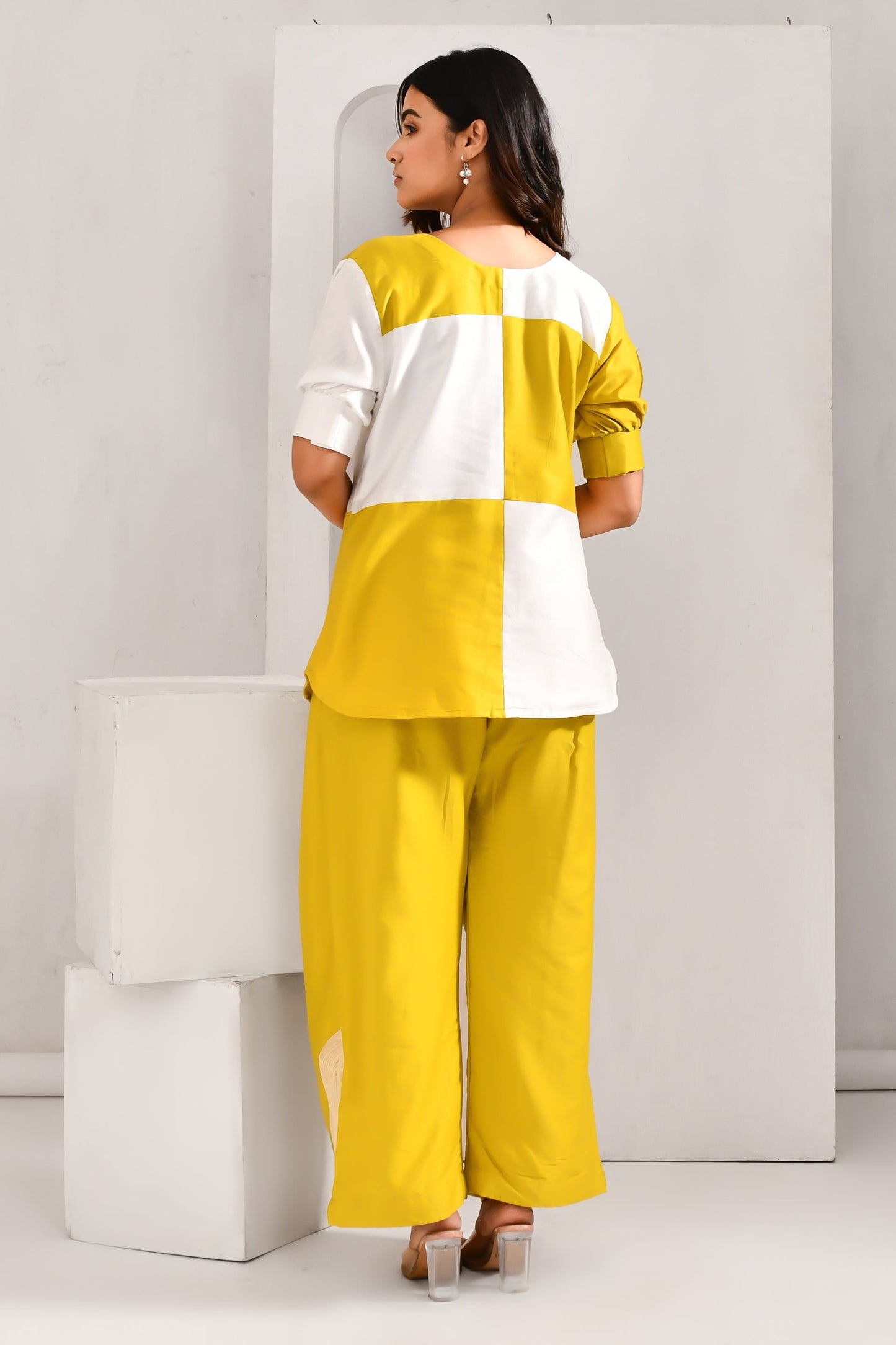 Greenish Yellow Blended Cotton Applique Worked Co Ord Set - Golden Muslin