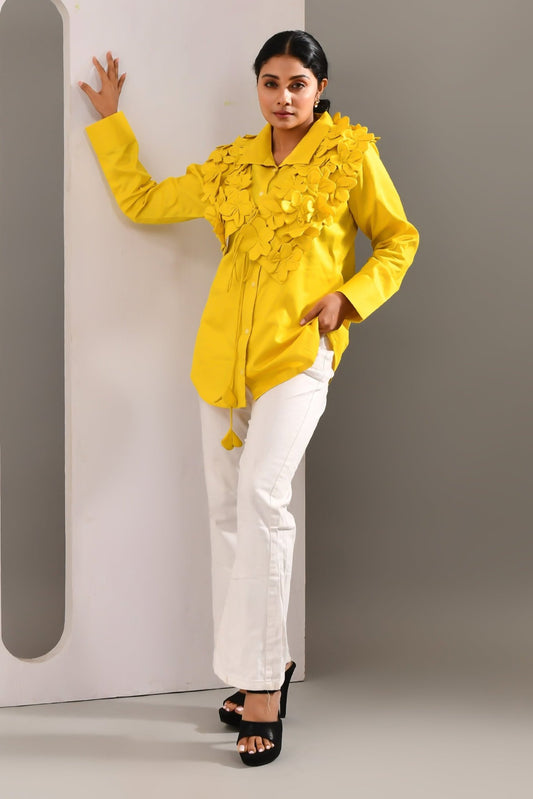Vibrant Yellow Flower Worked Blended Cotton Shirt - Golden Muslin