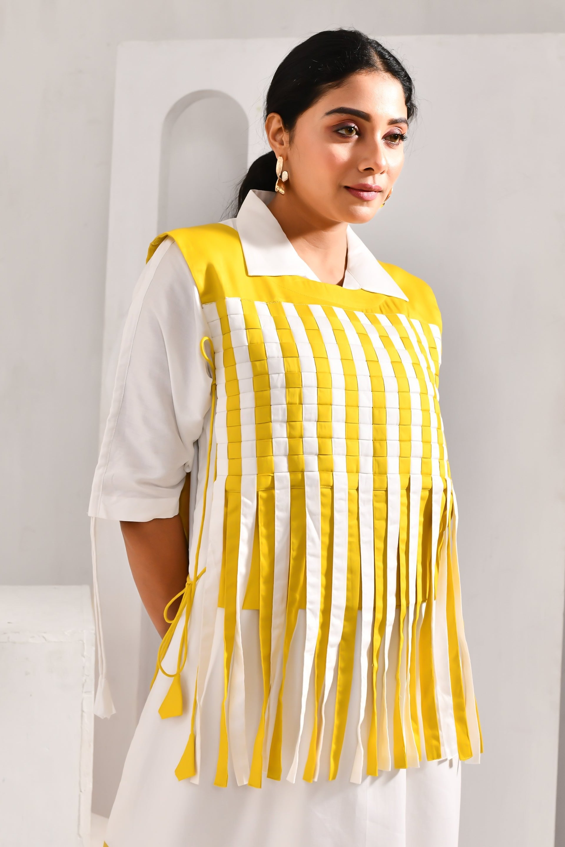 White and Lime Yellow Blended Cotton Striped Dress - Golden Muslin