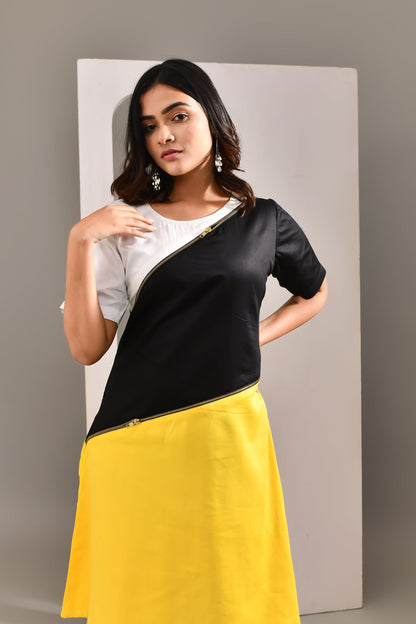 Multicolored Blended Cotton Solid Textured Dress - Golden Muslin