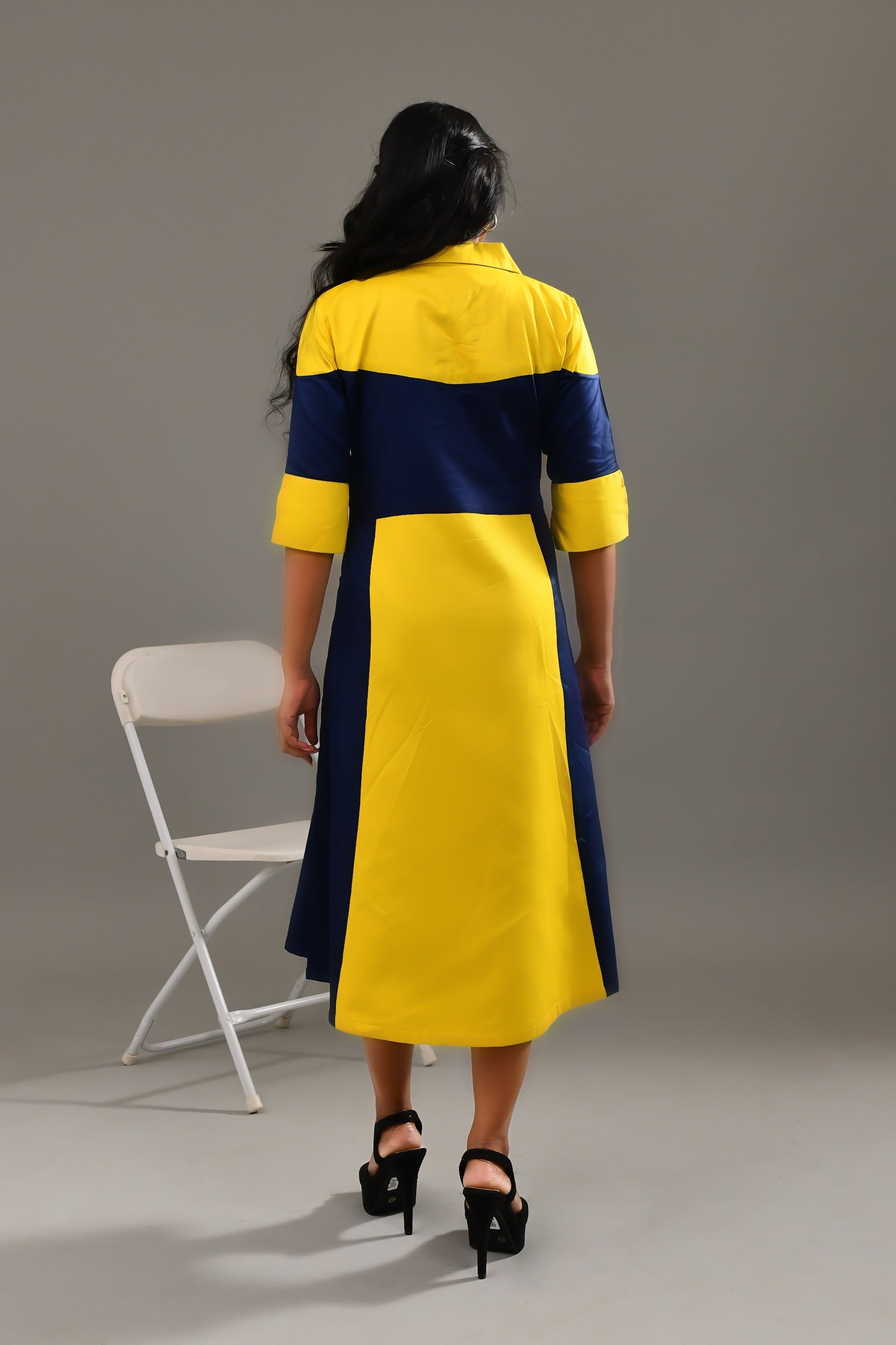Yellow & Dark Blue Blended Cotton Self Patterned Dress - Golden Muslin