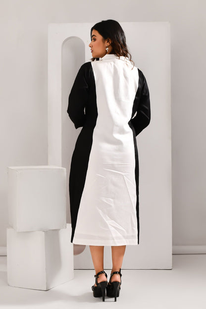 Black & White Blended Cotton Embroidered Flower Worked Dress - Golden Muslin