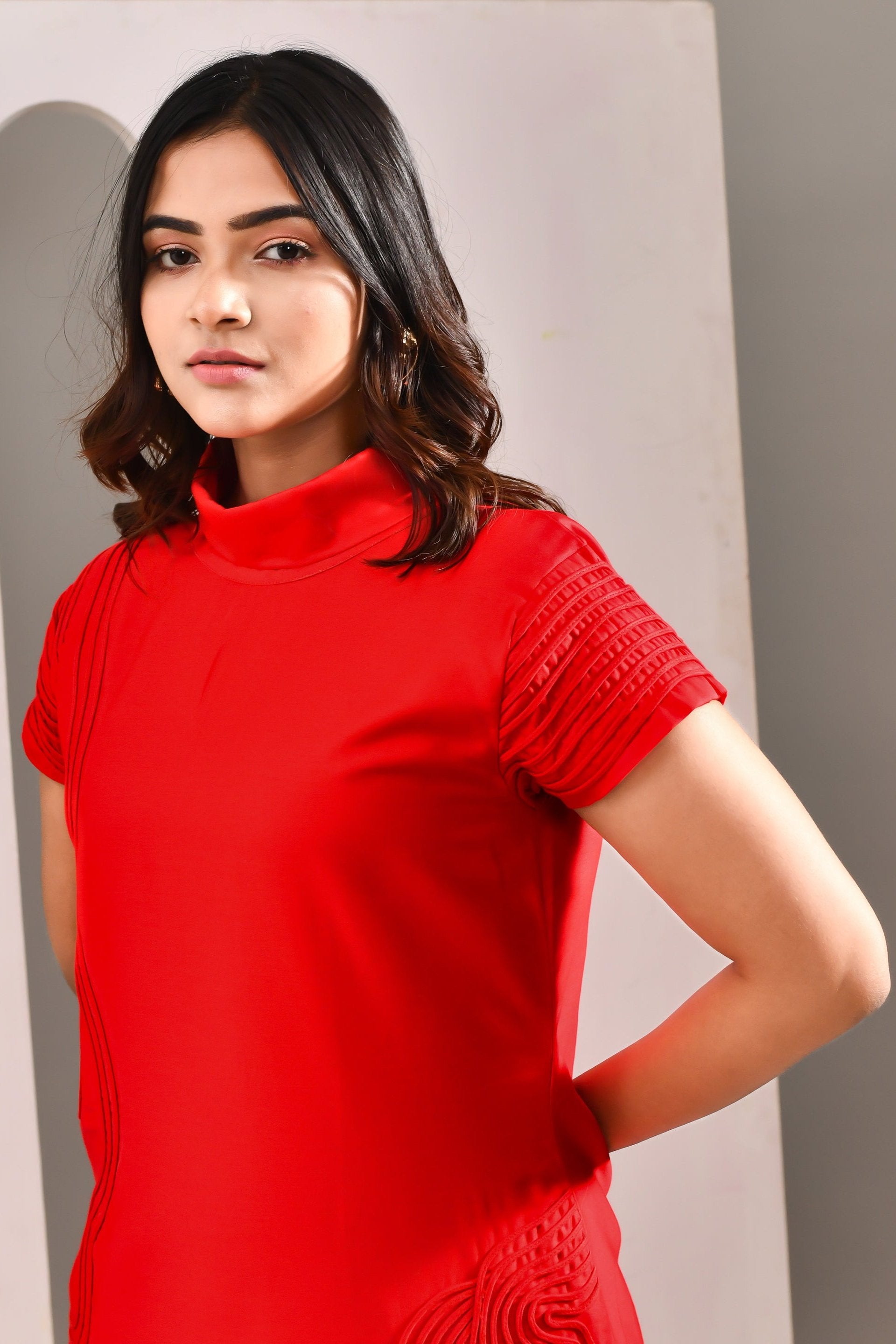 Cherry Red Blended Cotton Self Textured Dress - Golden Muslin