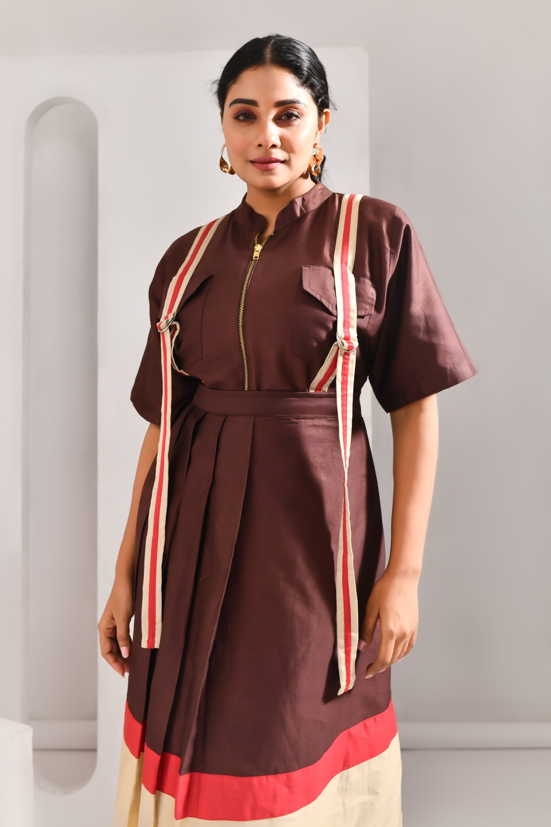 Wine Brown Blended Cotton Self Pleated Co Ord Set - Golden Muslin