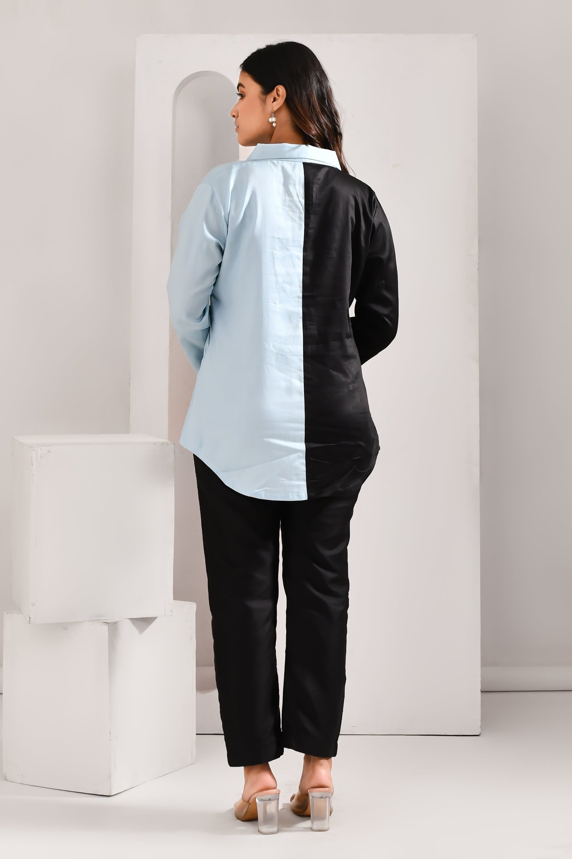 Black & Sky Blue Thread Worked Blended Cotton Shirt - Golden Muslin