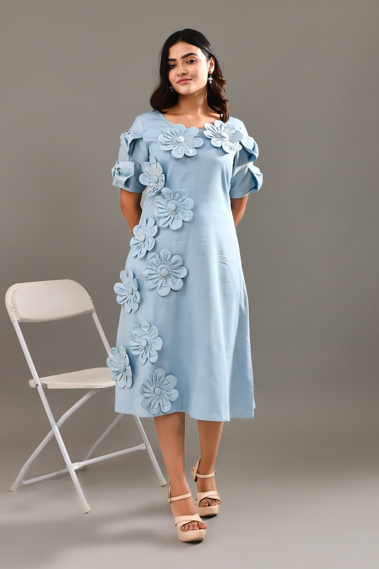 Sky Blue Flower Applique Worked Blended Cotton Dress - Golden Muslin