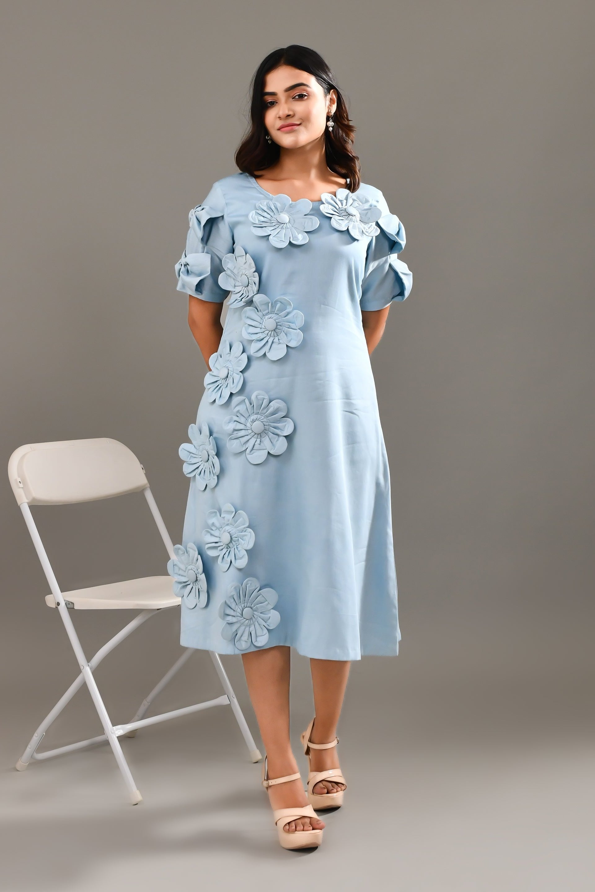 Sky Blue Flower Applique Worked Blended Cotton Dress - Golden Muslin