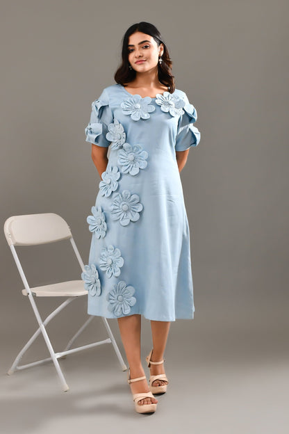 Sky Blue Flower Applique Worked Blended Cotton Dress - Golden Muslin