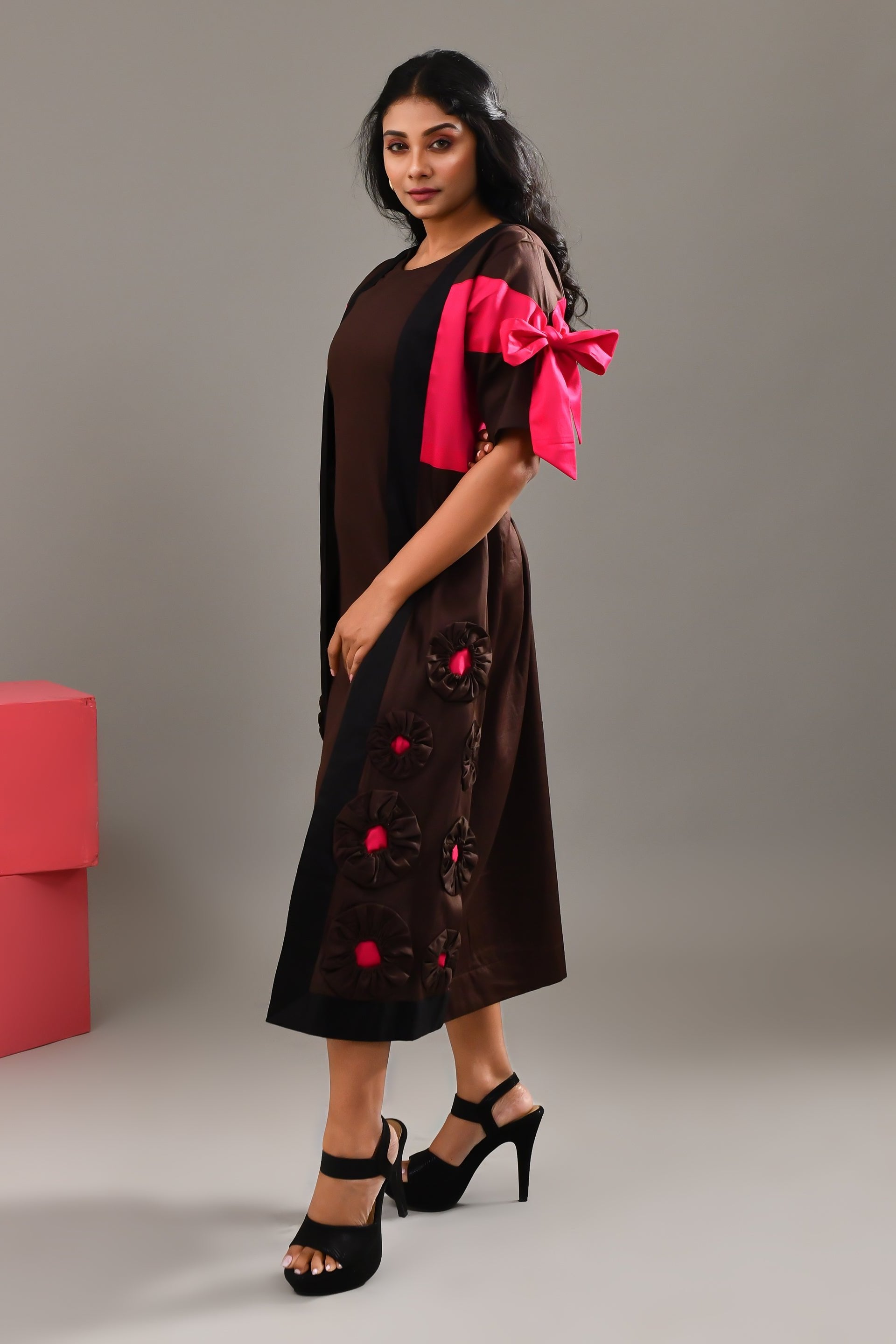Chocolate Brown Blended Cotton Jacket Style Dress - Golden Muslin