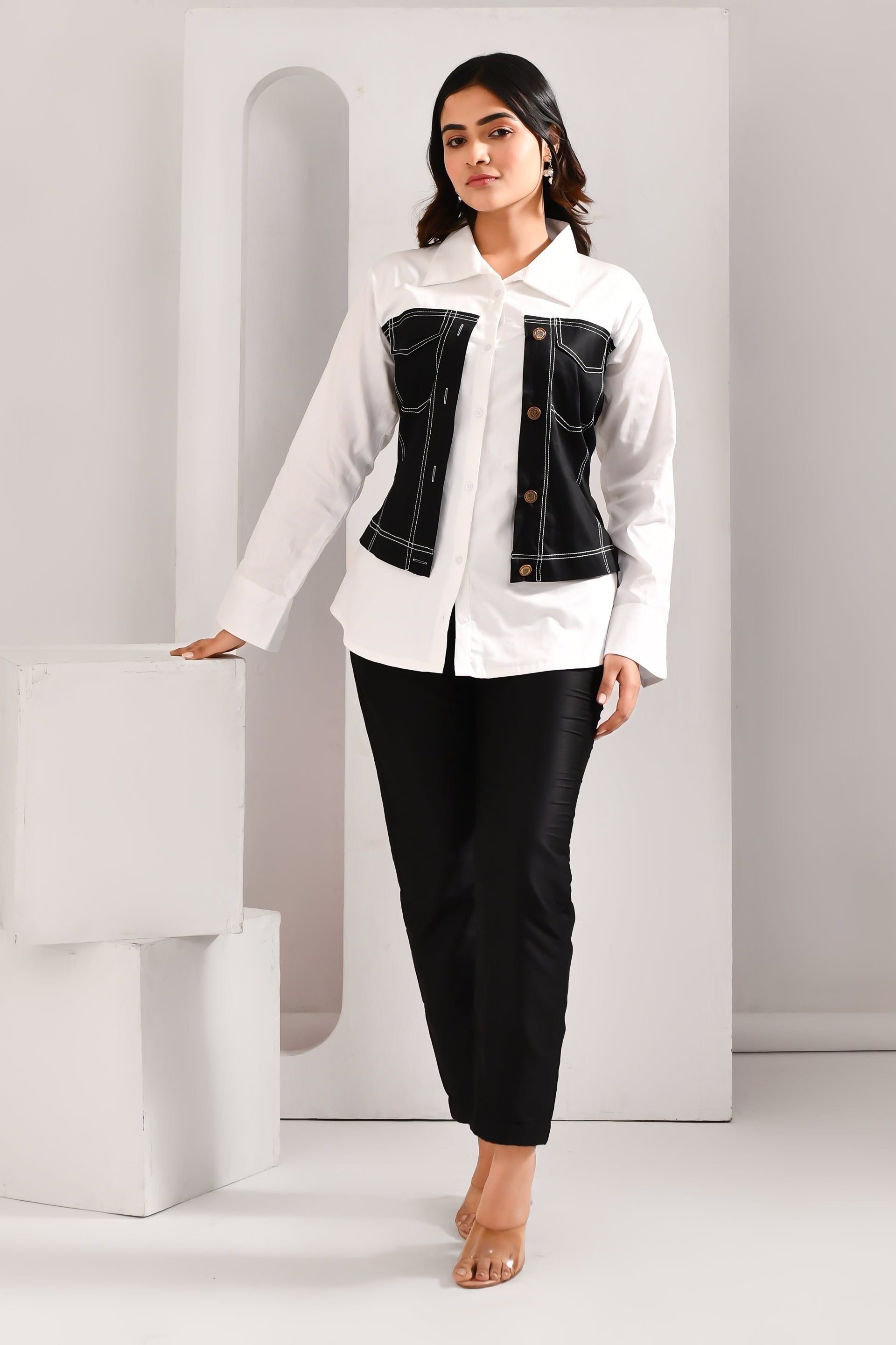 White & Black Denim Style Blended Cotton Shirt - Golden Muslin