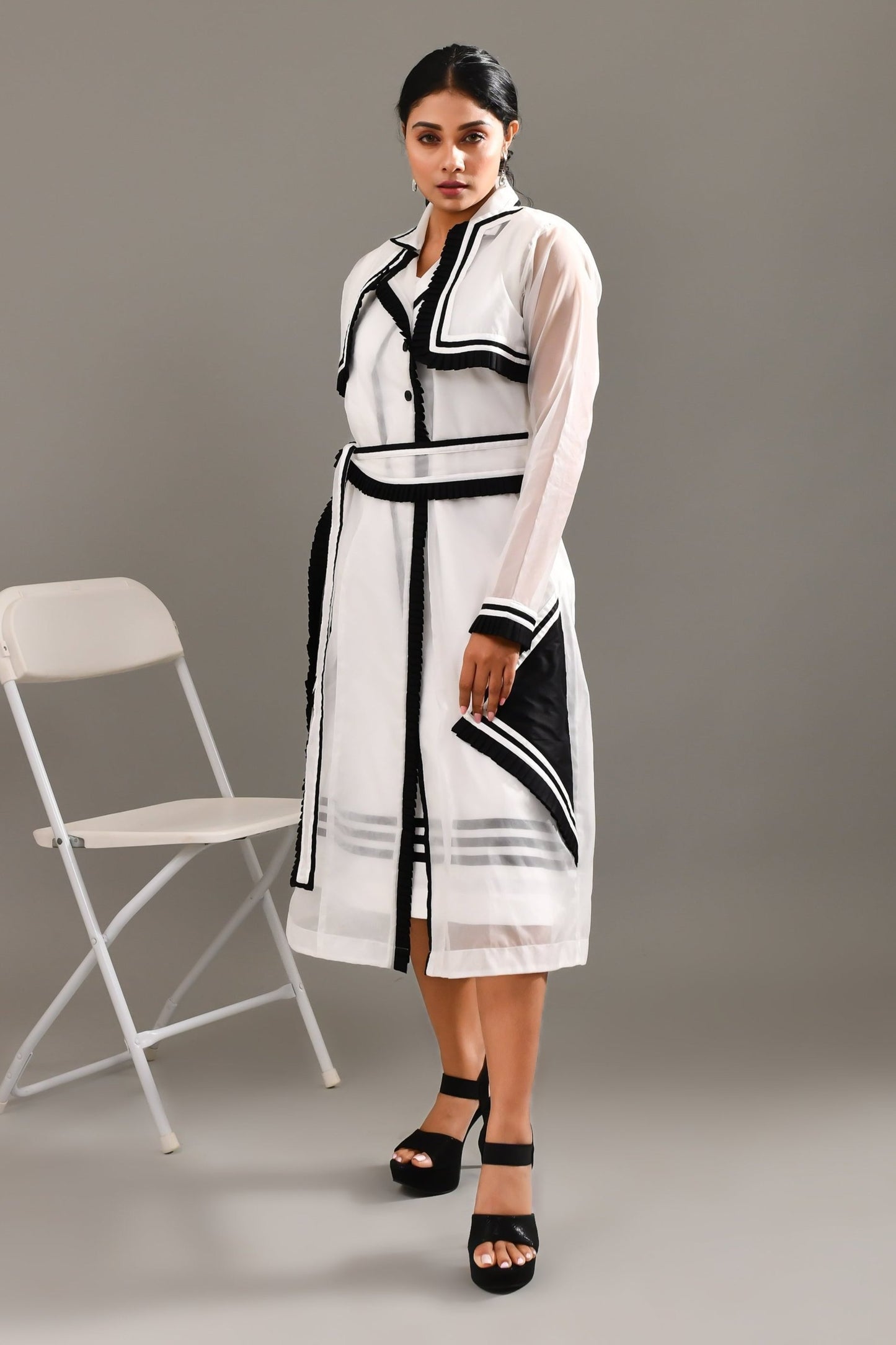 White & Black Blended Cotton & Organza Jacket Style Stylish Dress - Golden Muslin