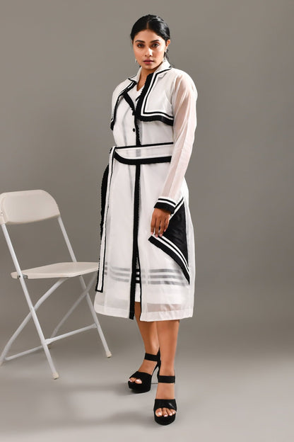 White & Black Blended Cotton & Organza Jacket Style Stylish Dress - Golden Muslin